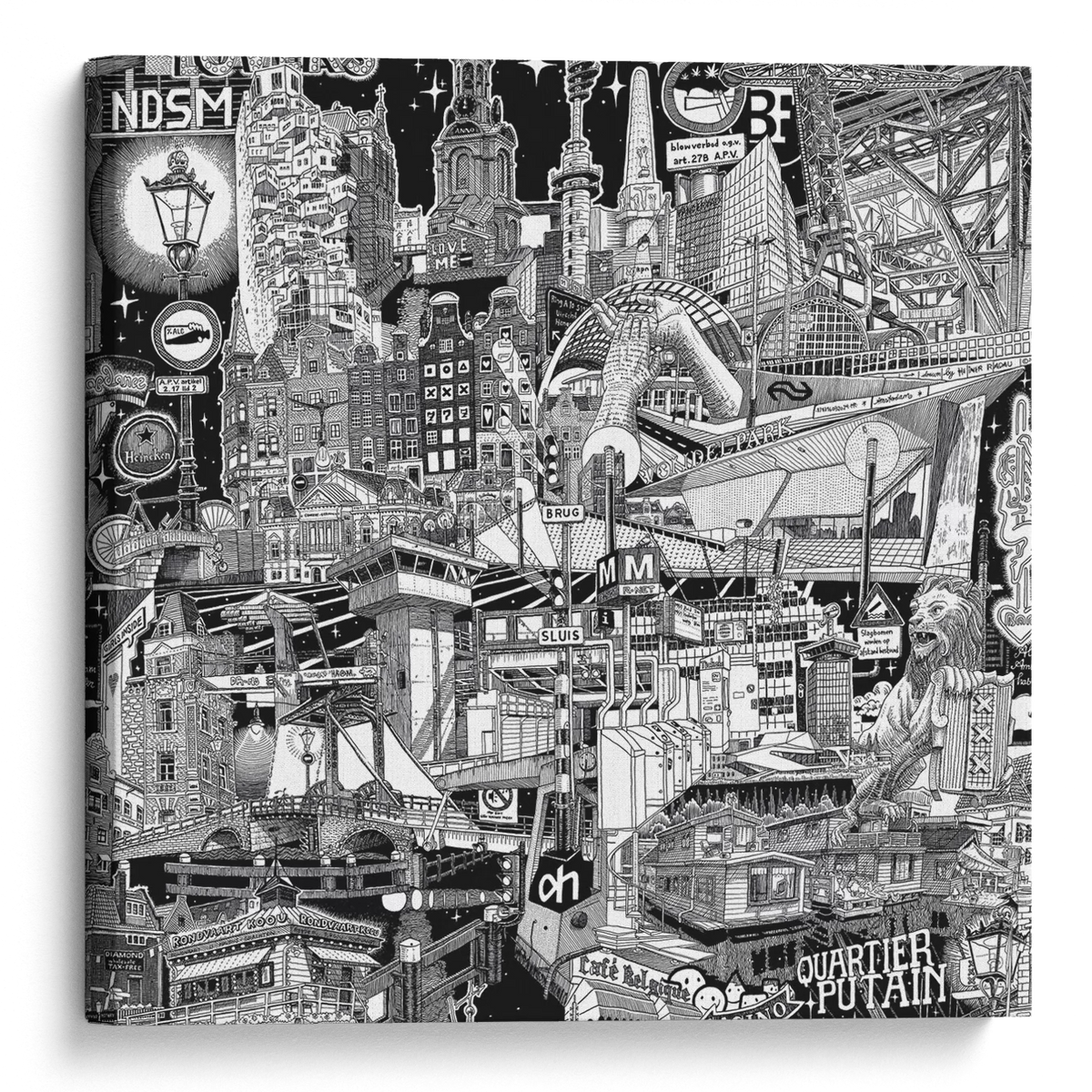Angled view of the Amsterdam canvas artwork, a hand-drawn black-and-white cityscape with iconic Dutch architecture, canals and street scenes.