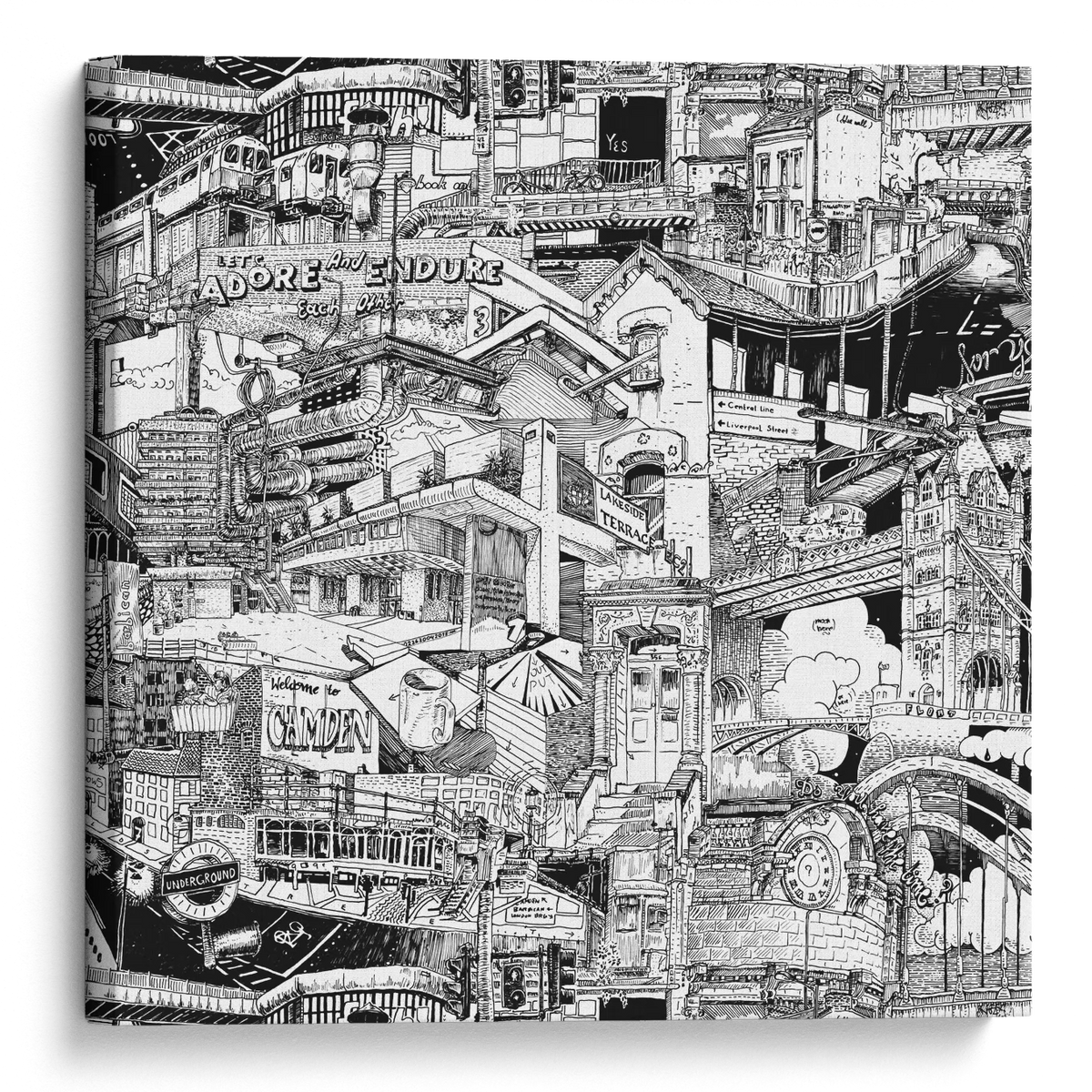 Hand-drawn black-and-white London canvas capturing iconic landmarks like the Barbican Centre and Camden, perfect for street art and cityscape enthusiasts.