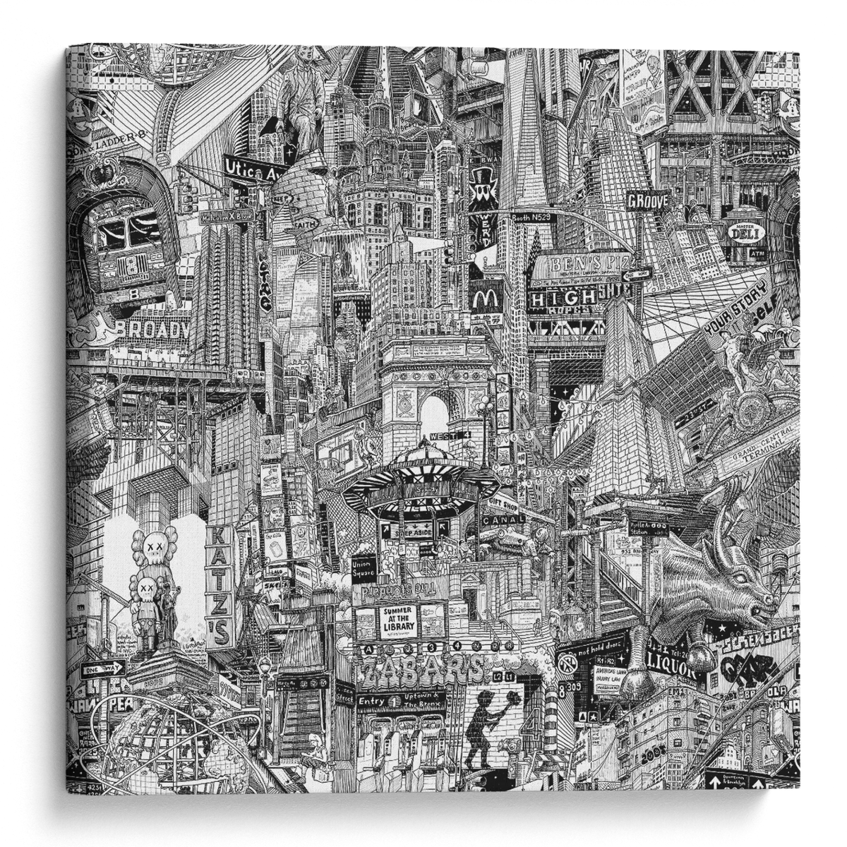 Black and white NYC canvas print showing a hand-drawn New York City collage with Washington Square, Times Square, Chinatown, subway signs and urban architecture.