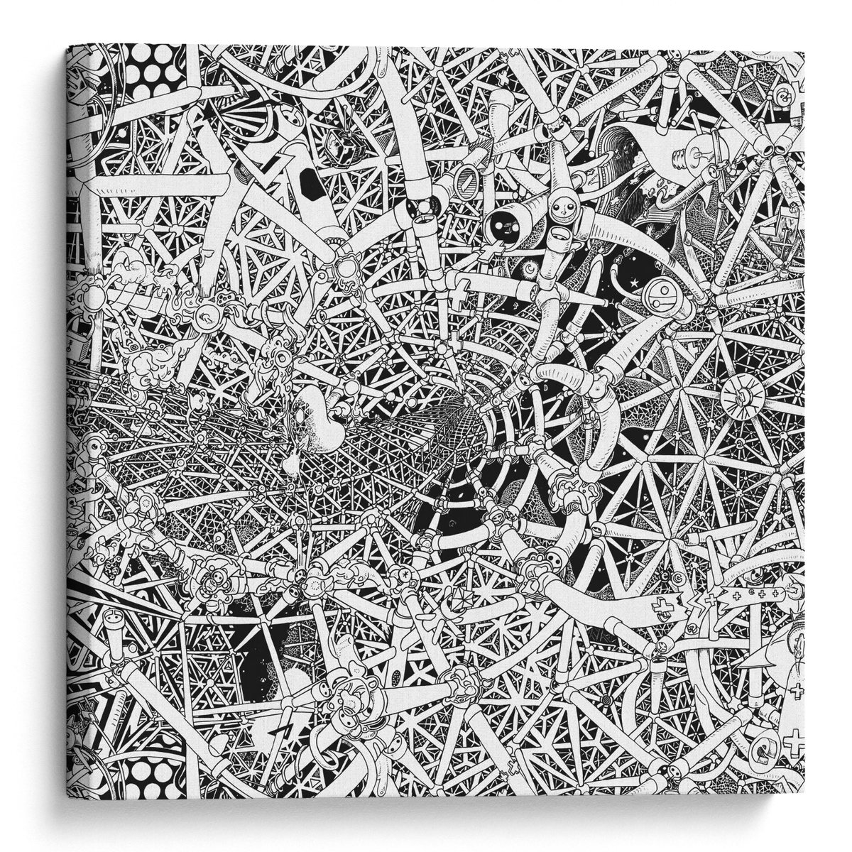 Universe canvas artwork, a hand-drawn black-and-white cosmic composition blending celestial elements, stars, planets and abstract cosmic energy in detailed ink linework.