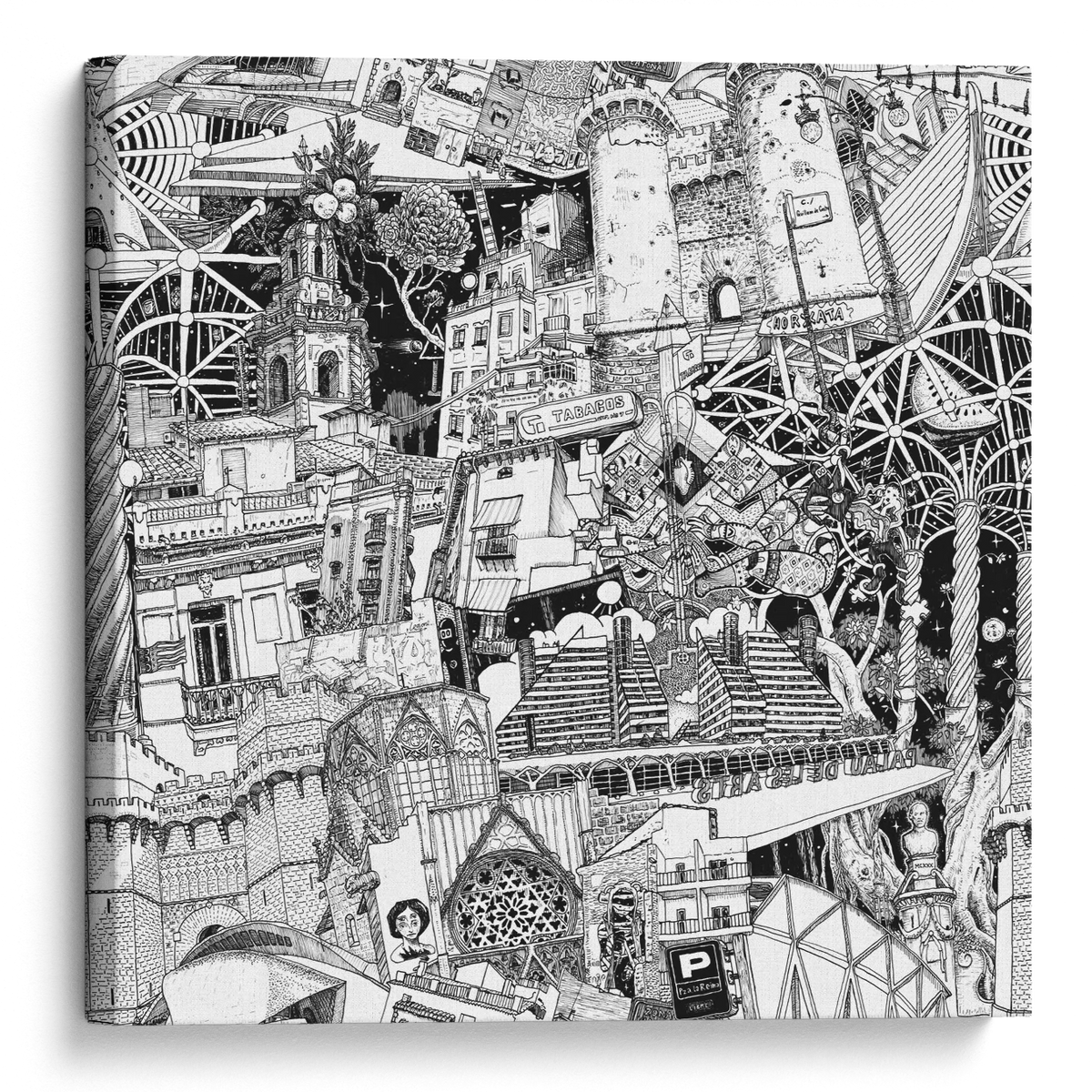 Valencia canvas artwork, a hand-drawn black-and-white cityscape featuring the City of Arts and Sciences, Torres de Serrano, street graffiti and Mediterranean urban life.