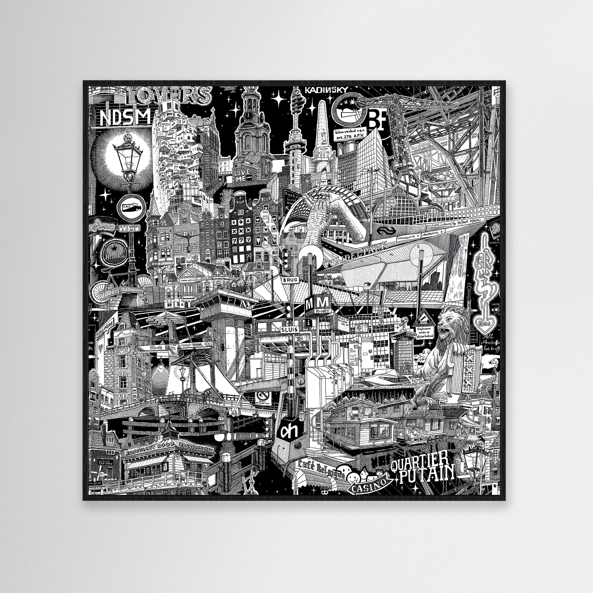 Framed in black, this detailed Amsterdam artwork in black-and-white captures the city’s lively energy, hand-drawn straight from the streets.