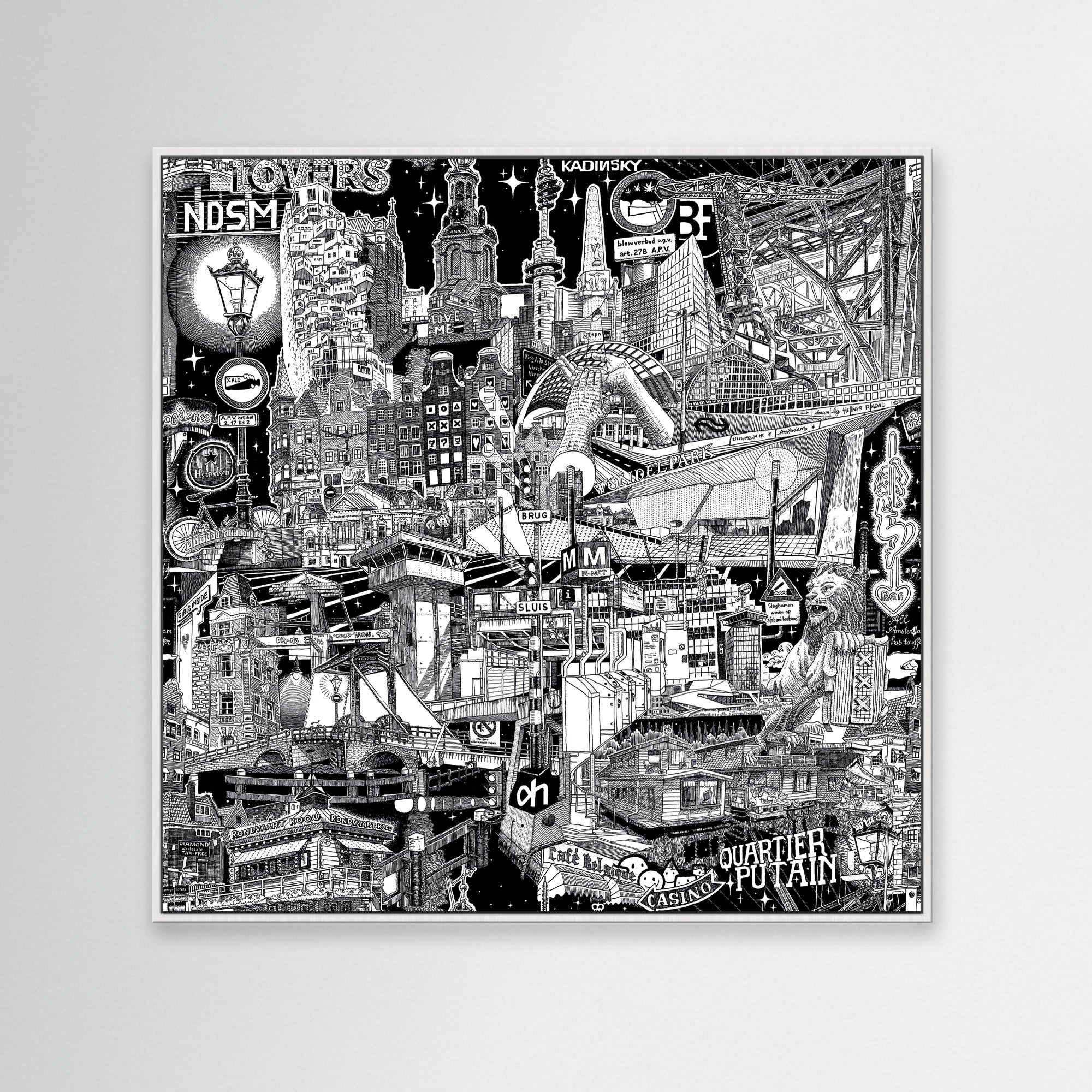A minimalist black-and-white Amsterdam city portrait, drawn live in the streets, framed with white for a fresh, modern look