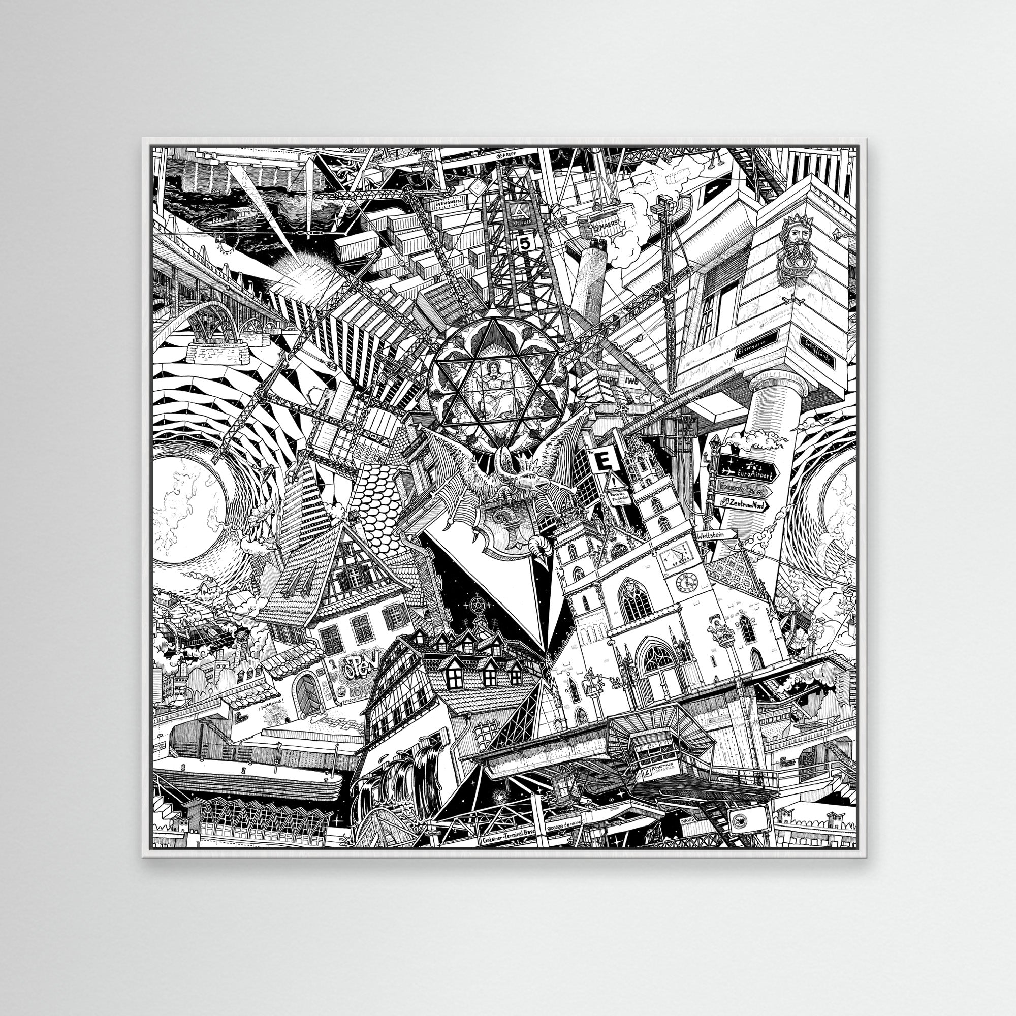 A stylish Basel skyline in black-and-white, framed in white, highlighting landmarks like the Lällekönig and the Minster, great for city decor.