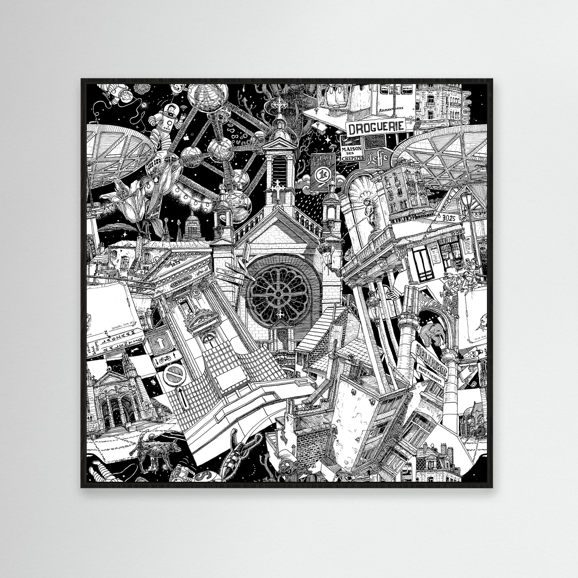 Framed black-and-white Brussels artwork showcasing the Atomium, Manneken Pis, and Belgian beer culture, ideal for modern spaces.