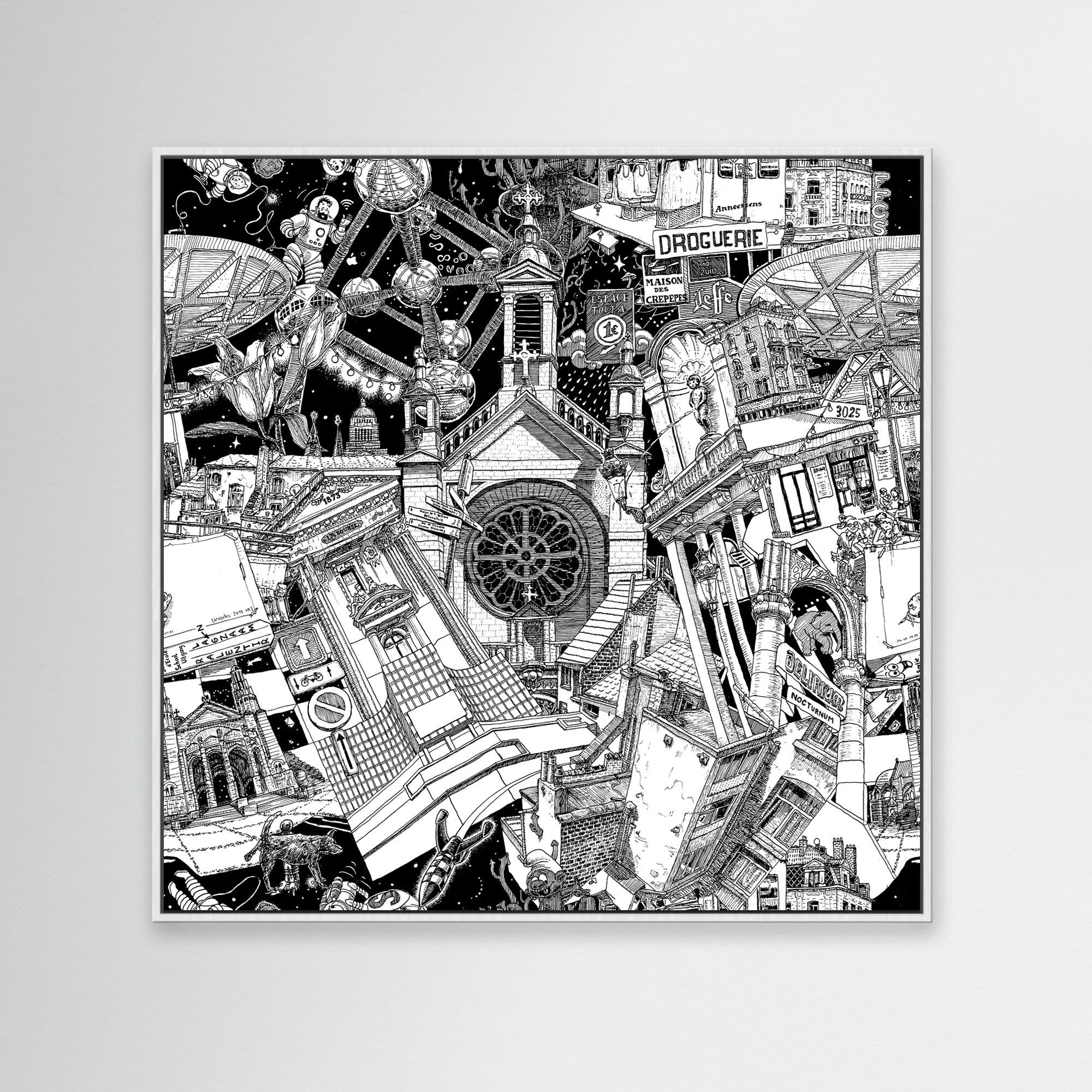 A striking Brussels cityscape in black-and-white, framed in white, with details of the Atomium, Bourse, and Belgian beer culture.