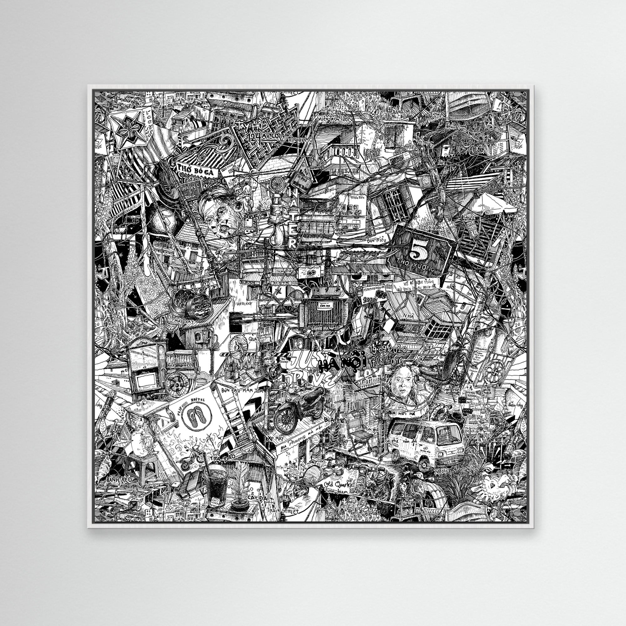 Hanoi city art canvas in a white frame, merging trees, cables, landmarks from Westlake to Tay Ho, with black-and-white street art details.