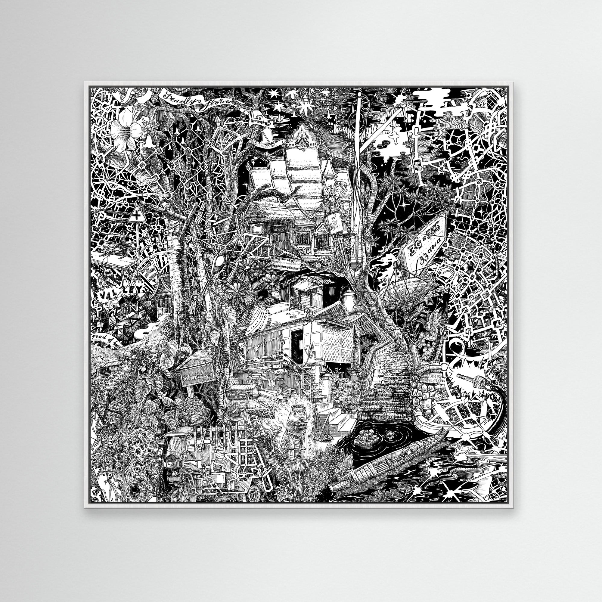 White-framed Laos artwork of Luang Prabang, blending jungle plants, straw huts, and urban street scenes in black and white.