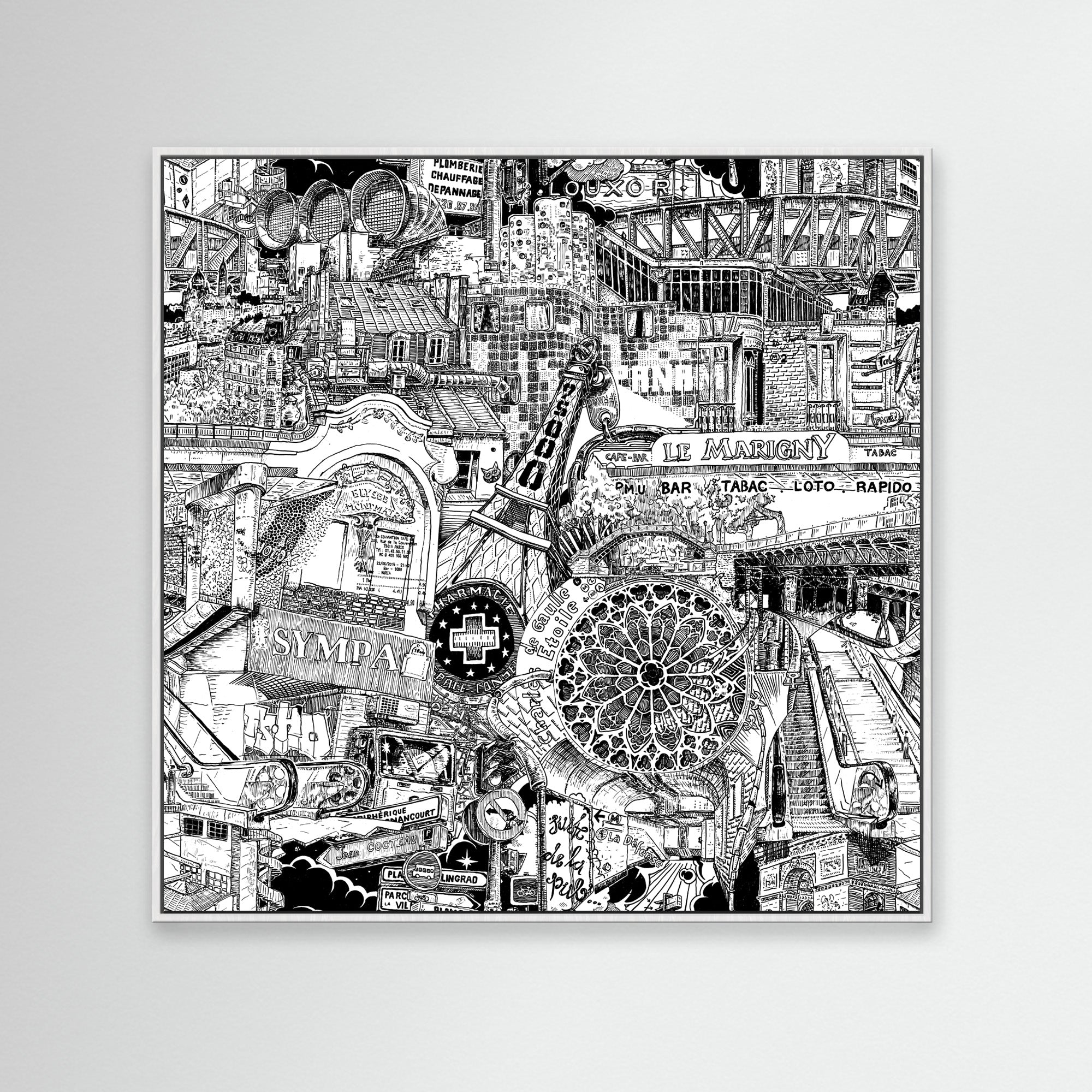 Illustration parisienne détaillée en noir et blanc, encadrée en blanc, fusionnant luxe et authenticité pour les amateurs de souvenirs modernes.