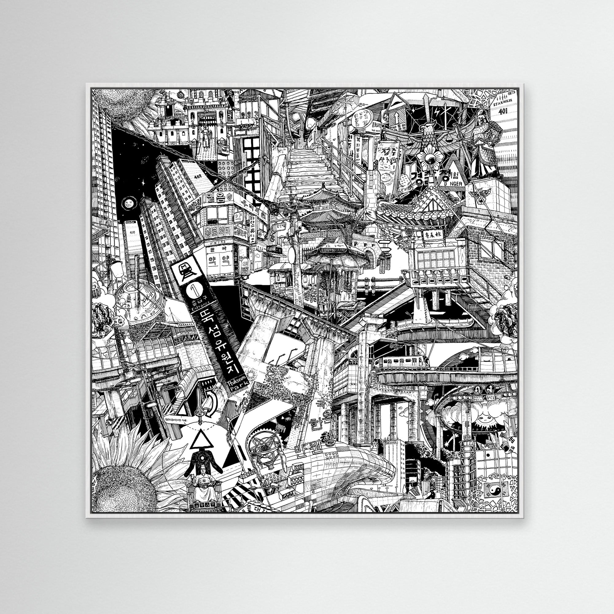 White-framed Seoul canvas capturing vibrant street art details and local cityscapes with a modern Korean capital vibe.