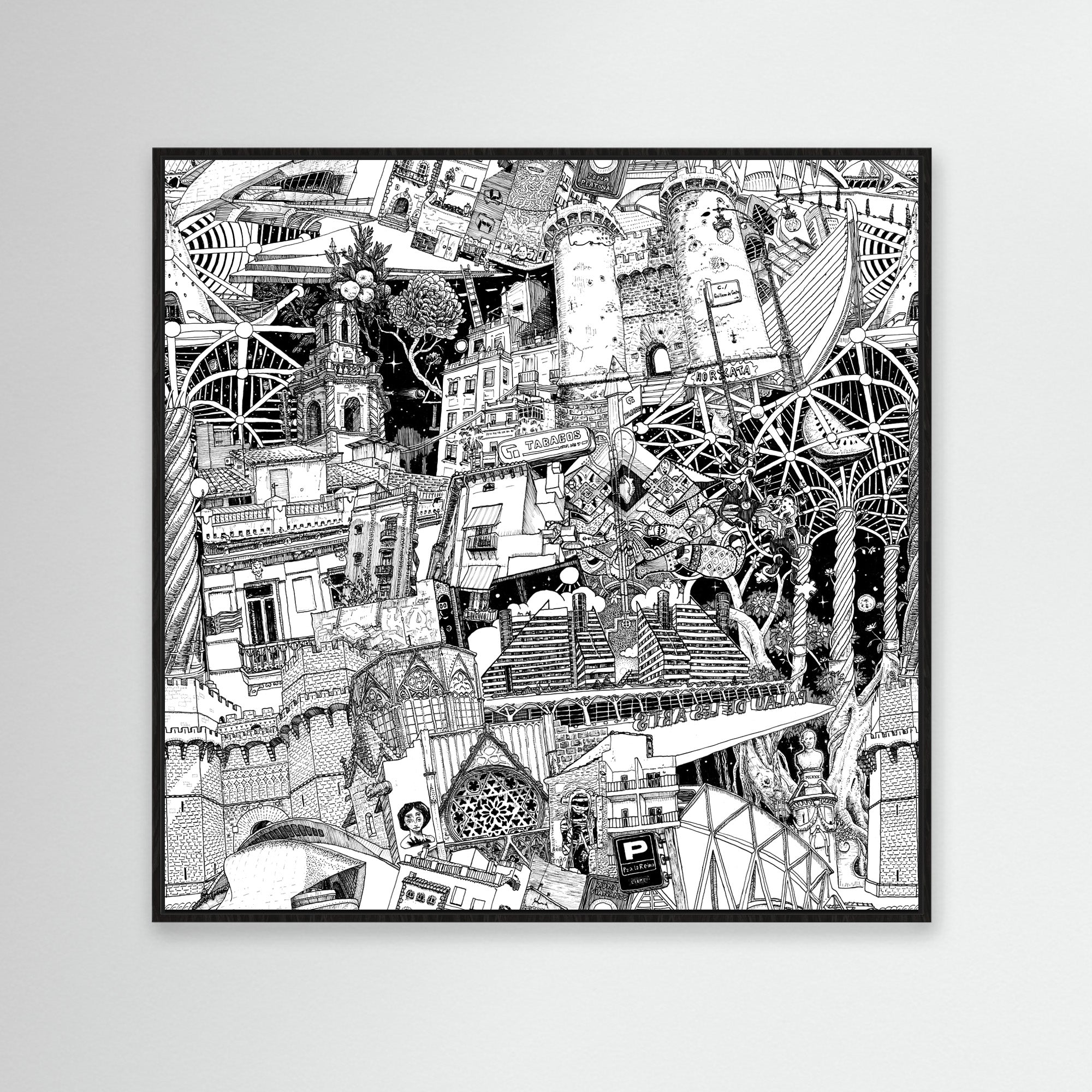 Framed Valencia artwork in black, capturing the Miguelete Tower, tobacco shops, and the city’s graffiti-filled streets.