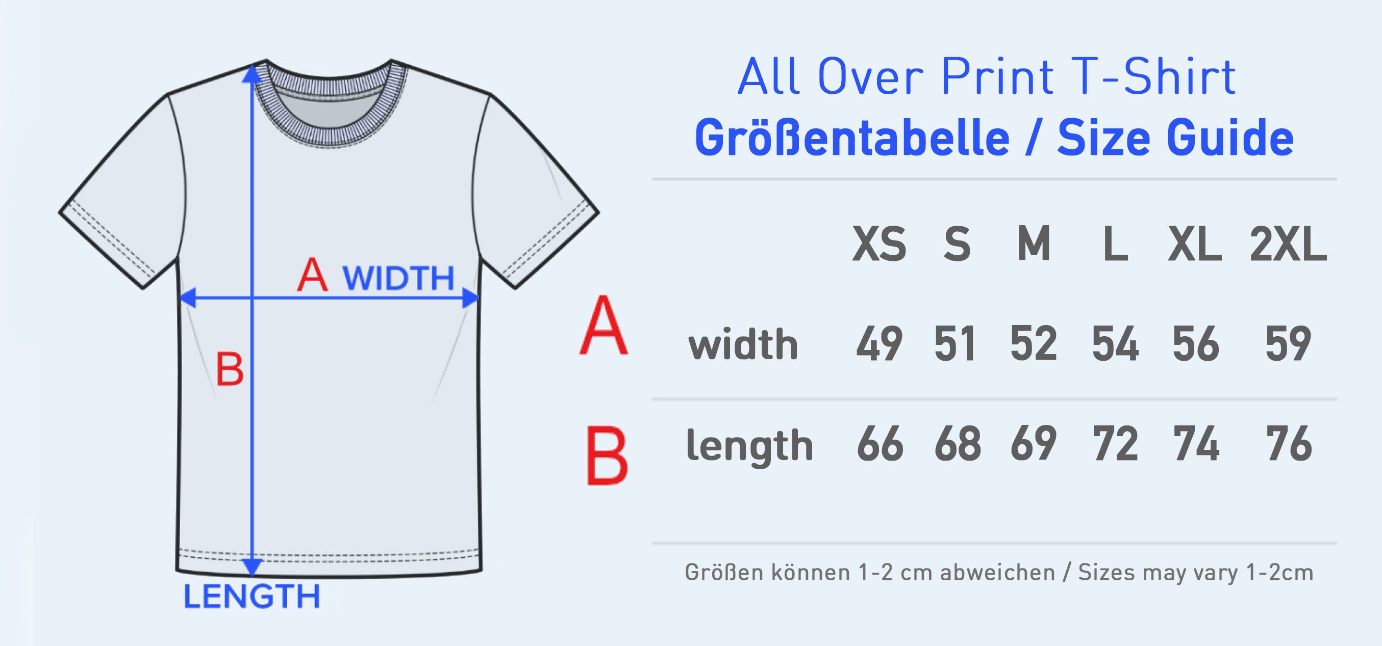 Size guide for an over-print t-shirt with dimensions and measurements.
