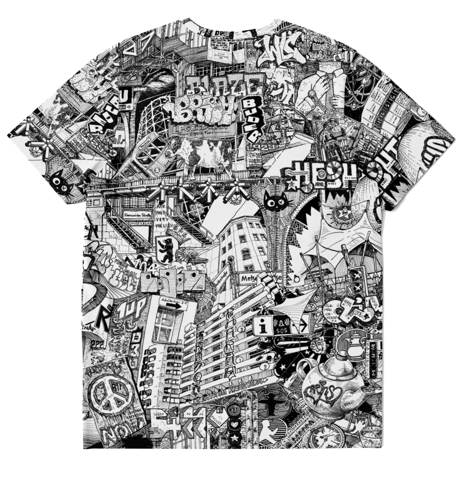 Rückseite des Berlin T-Shirts mit schwarz-weißem Graffiti- und Streetart-Motiv, einzigartiges Design für Urban Style und Berlin Souvenir