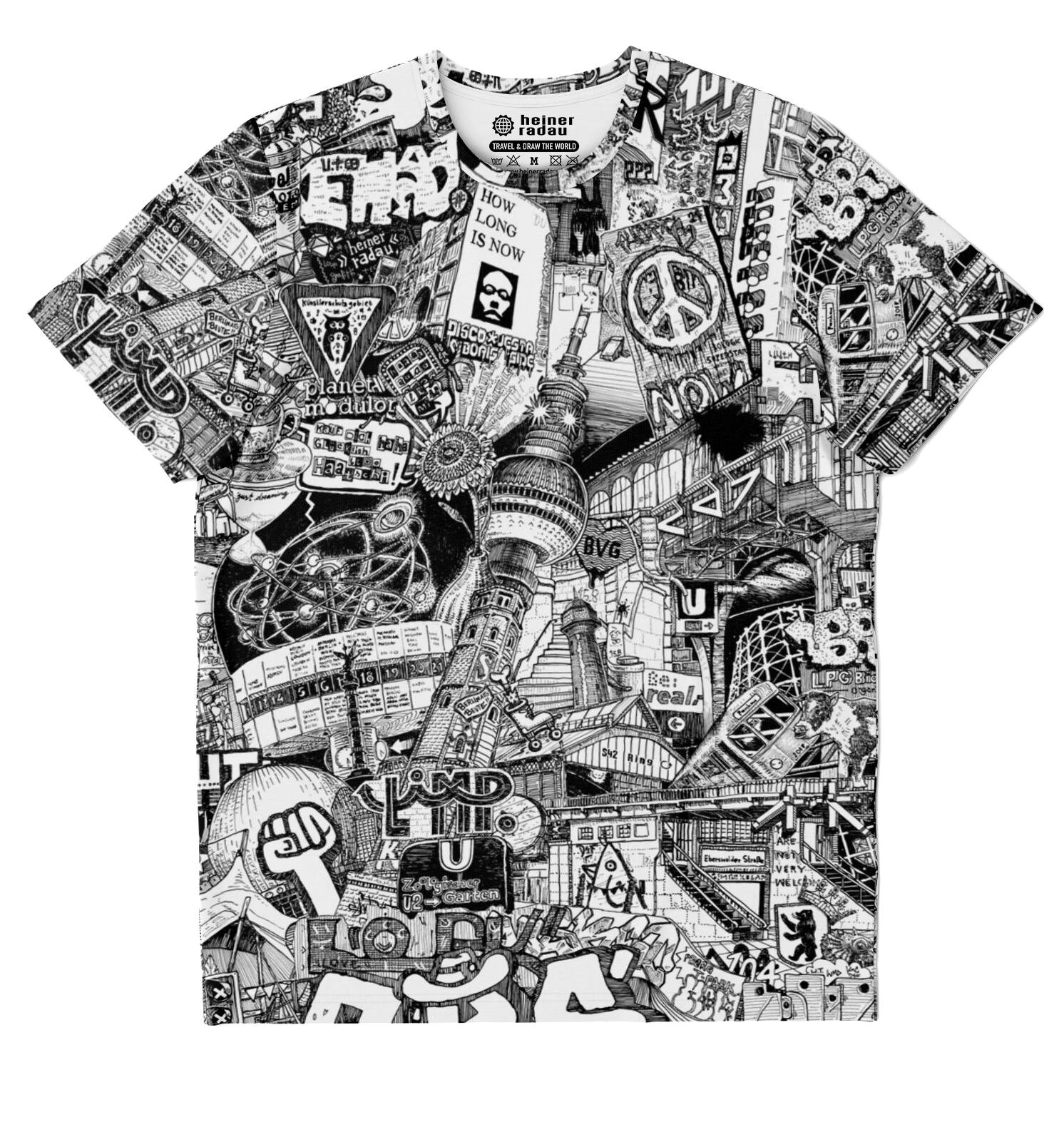 Schwarz-weiß bedrucktes Berlin T-Shirt mit stilisiertem Stadtmotiv, einzigartiges Design für Streetwear und Berlin Fashion, perfekt als langlebiges Souvenir.