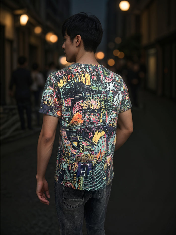 Back view close-up of Berlin all over print T-shirt on model