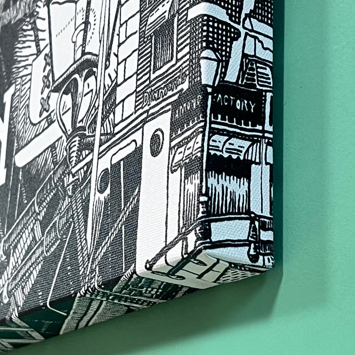 Amsterdam hand-drawn city artwork in progress, showing intricate ink linework of Dutch canal houses and street scenes.