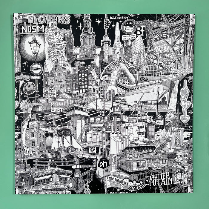 Amsterdam original ink drawing detail showing dense black-and-white linework of canals, gabled houses and urban street life.