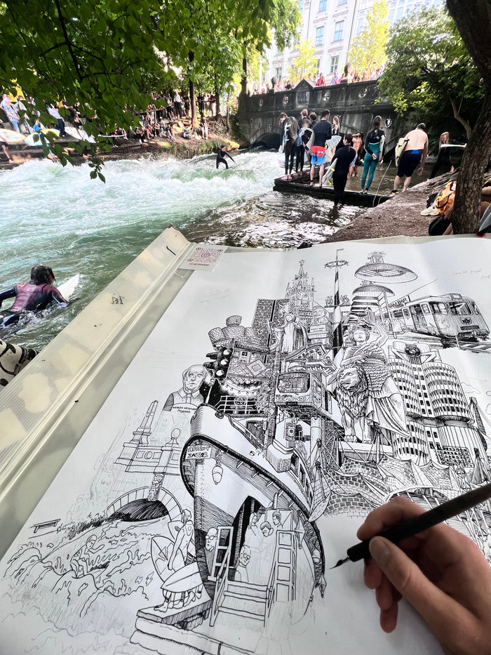 POV-Aufnahme: Heiner Radau zeichnet die Eisbachwelle aus der First-Person-Perspektive — das Muenchen-Kunstwerk entsteht live am Englischen Garten.