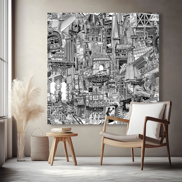 New York City Canvas Print – Hand-Drawn Black & White NYC Wall Art