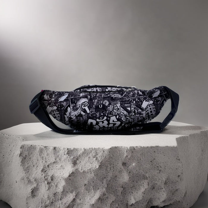 Back view of black and white Berlin print bumbag with adjustable black strap
