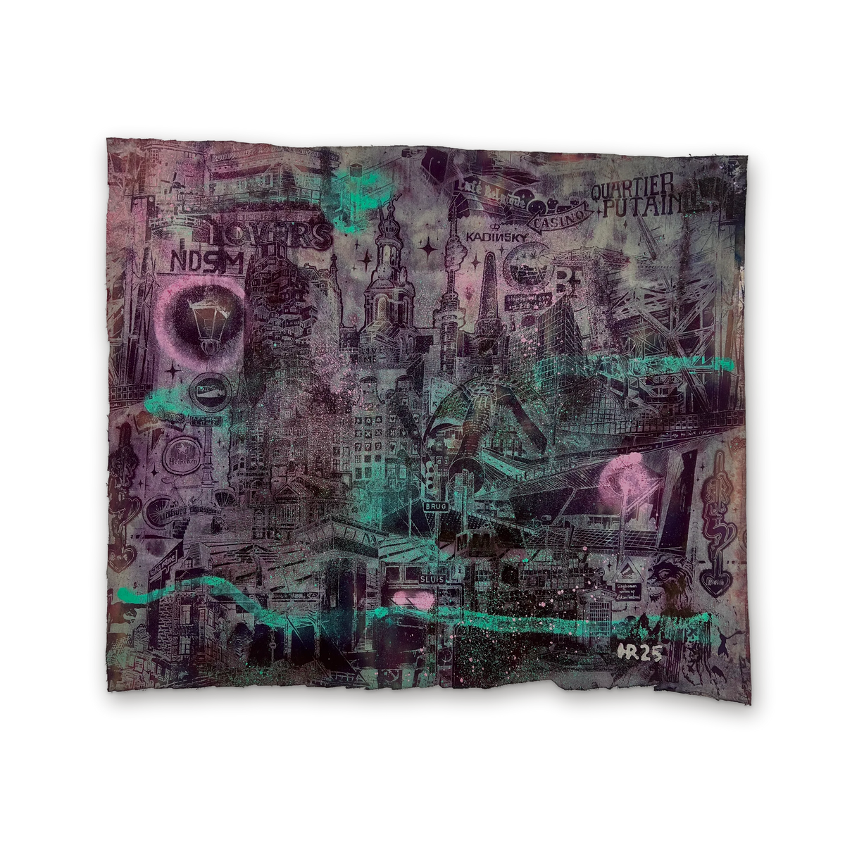 Amsterdam Unique Experimental Screenprint in Purple — a one-of-a-kind hand-pulled silkscreen print with expressive Amsterdam city motifs on fine art paper.