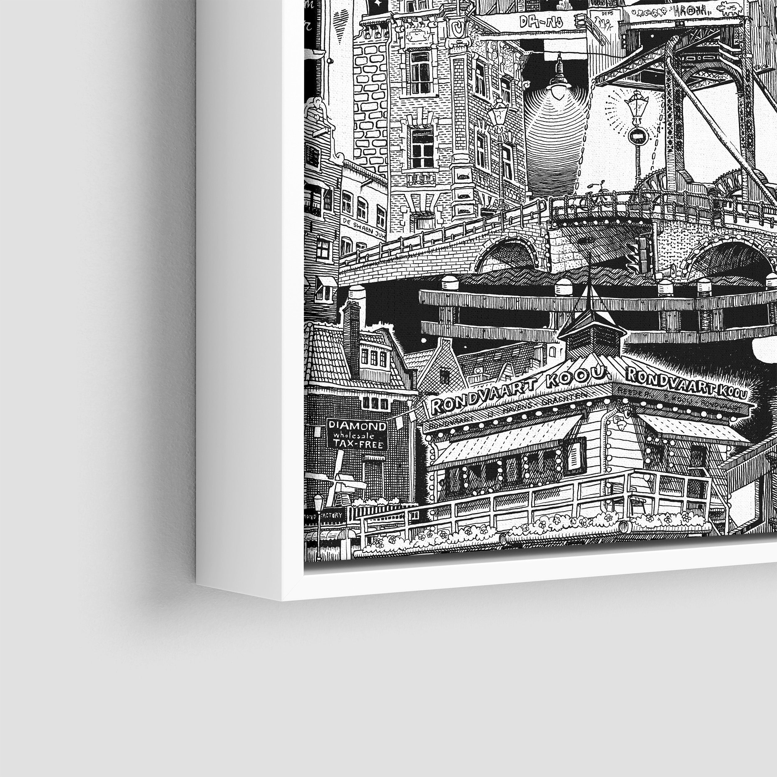 A minimalist black-and-white Amsterdam city portrait, drawn live in the streets, framed with white for a fresh, modern look.