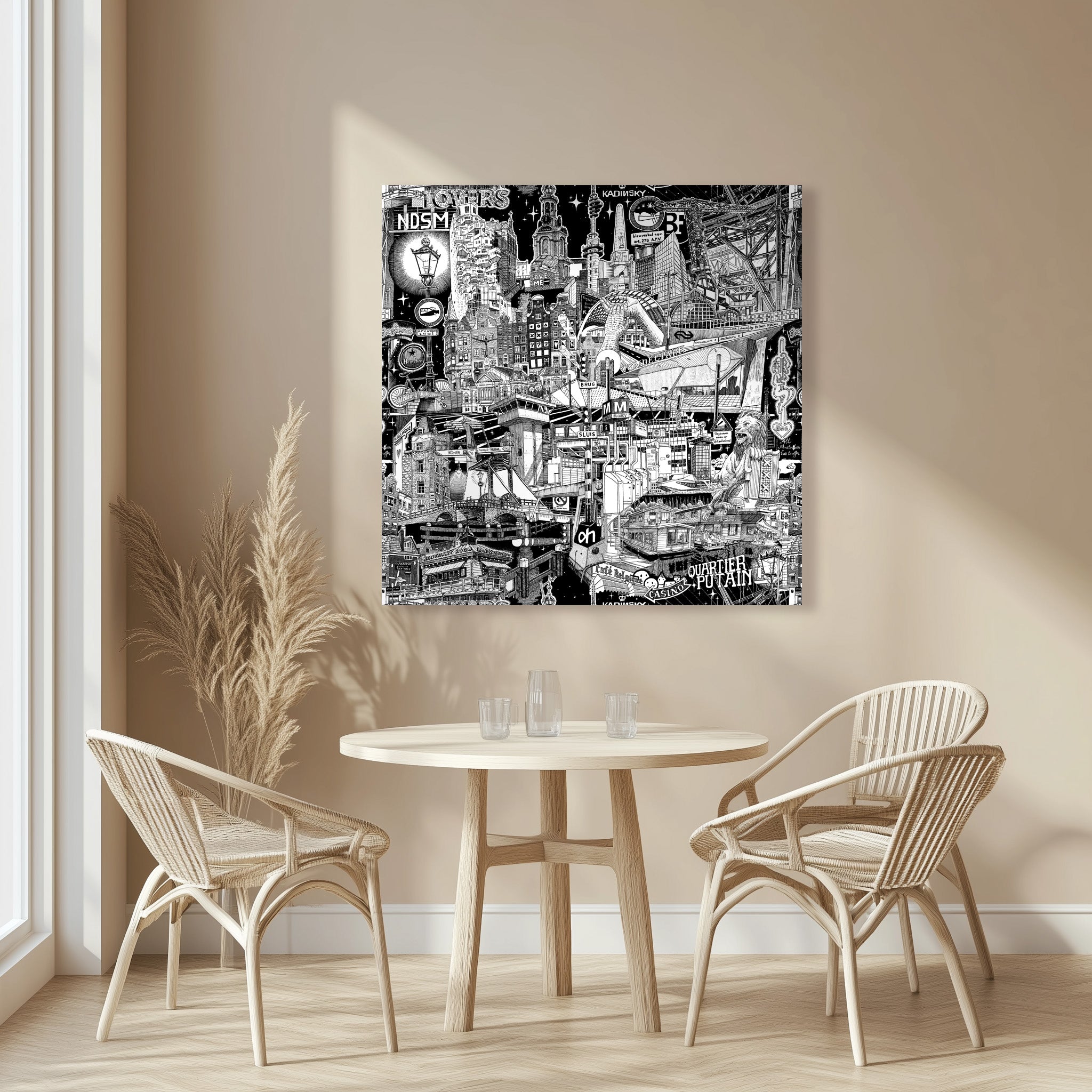 An oversized, hand-drawn black-and-white Amsterdam cityscape, showcasing the soul of the city in intricate details for an urban atmosphere