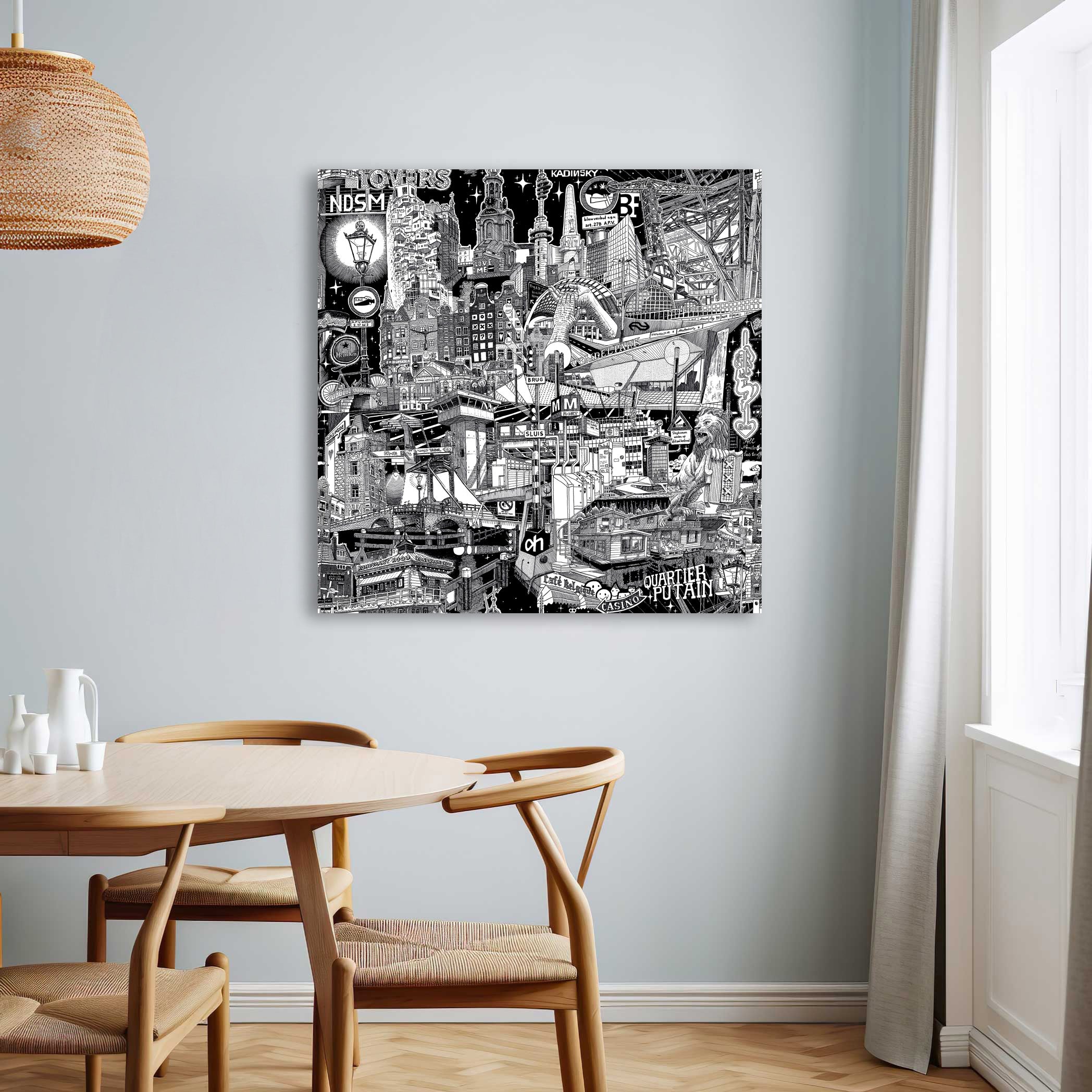 A larger hand-drawn Amsterdam artwork, bringing the city’s vibrant street scenes to life in striking black and white, ideal for urban decor
