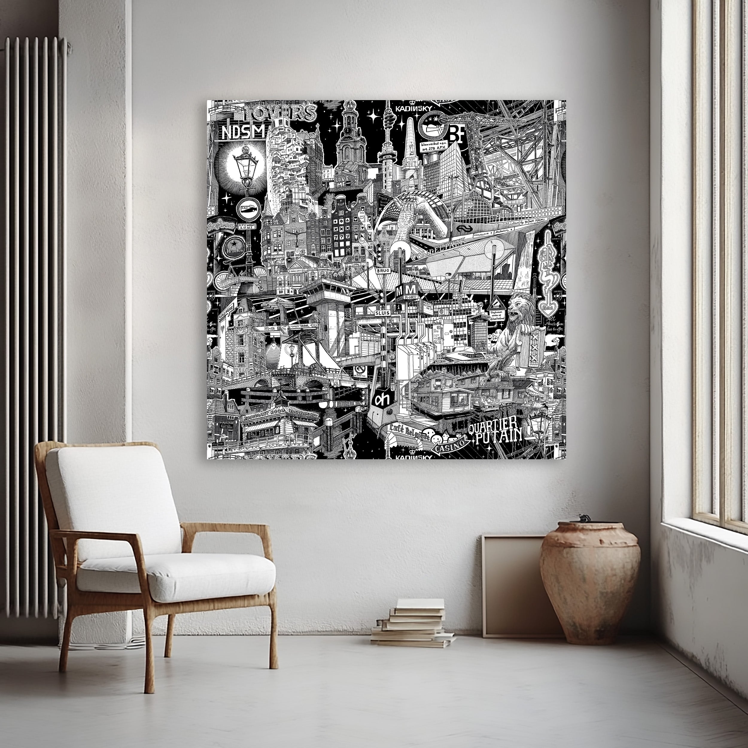 A striking 120x120 cm Amsterdam cityscape, hand-drawn in black and white, perfect for anyone who wants a bold urban statement in their home.