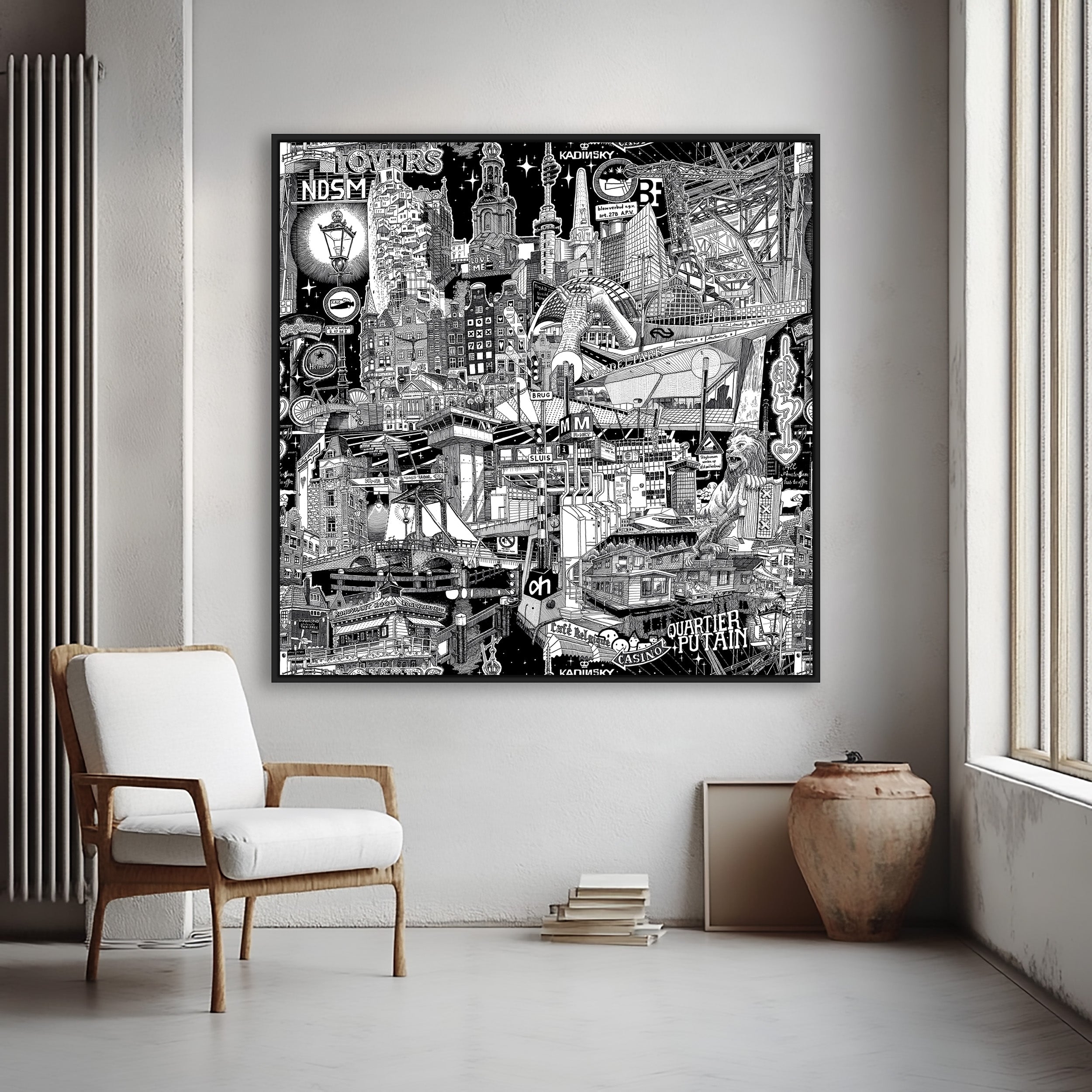 A massive, framed black-and-white Amsterdam portrait, live drawn from the city streets, perfect for creating a strong urban focal point.