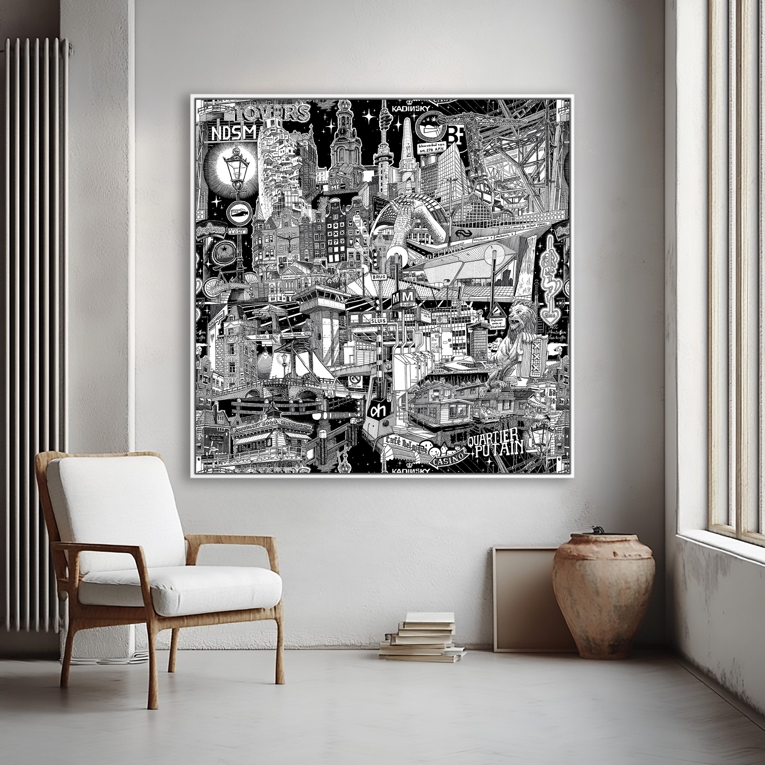 This large, framed black-and-white Amsterdam artwork in white frame exudes elegance while capturing the lively energy of the city.