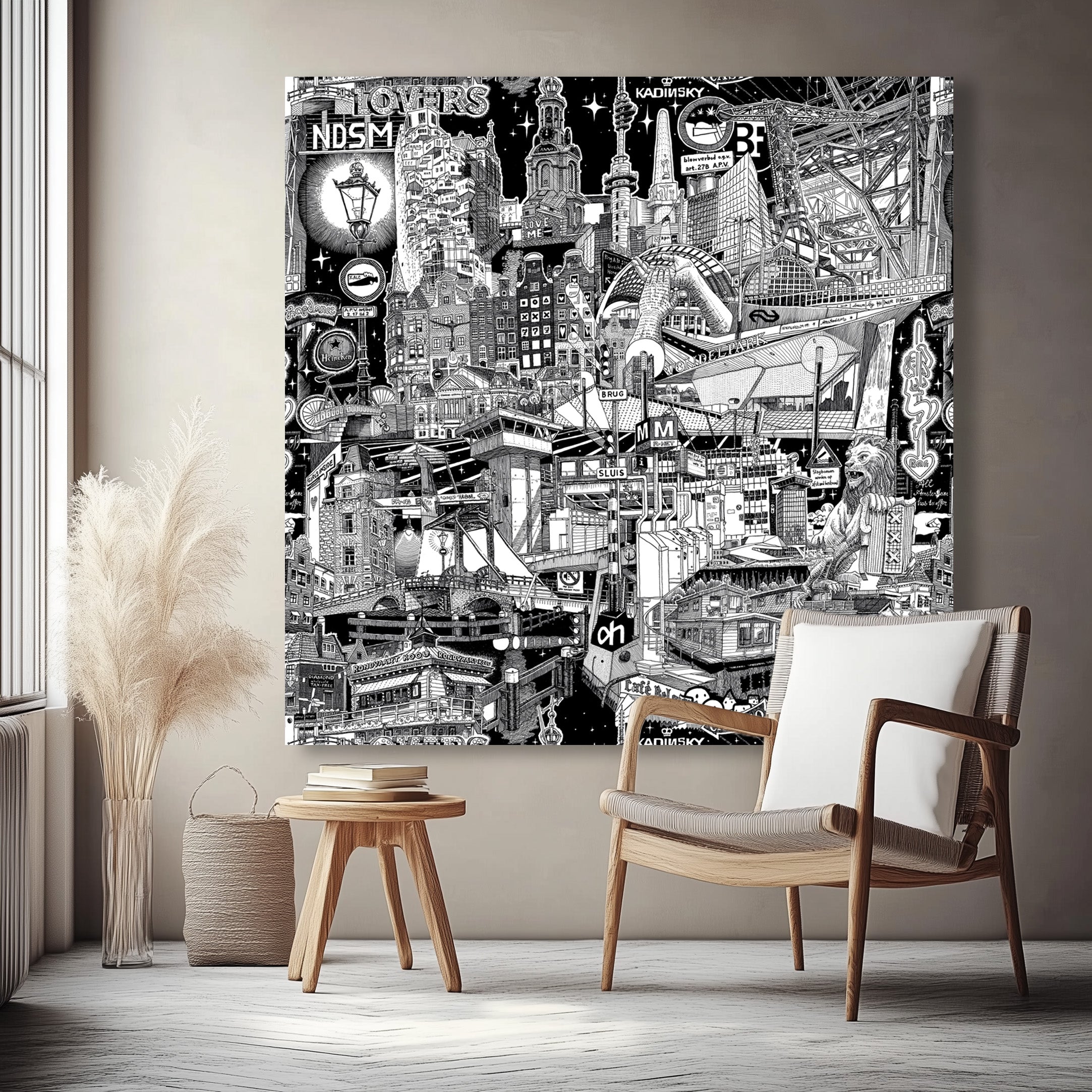 Large black-and-white artwork of Amsterdam cityscape hanging in a serene, unique interior design, adding a modern touch to the room