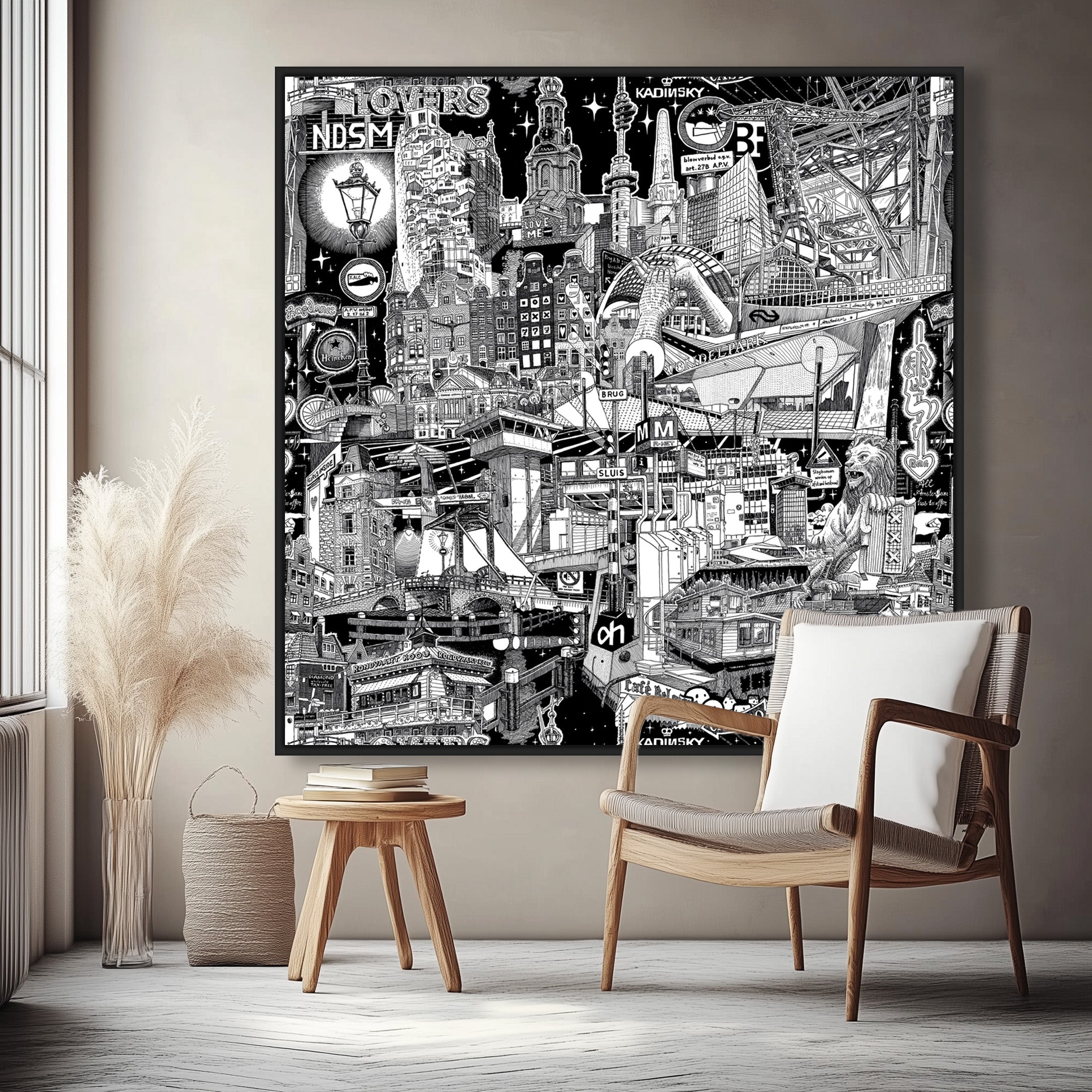 A striking 135x135 cm framed black-and-white Amsterdam artwork, capturing the city’s essence with every stroke of the fountain pen.