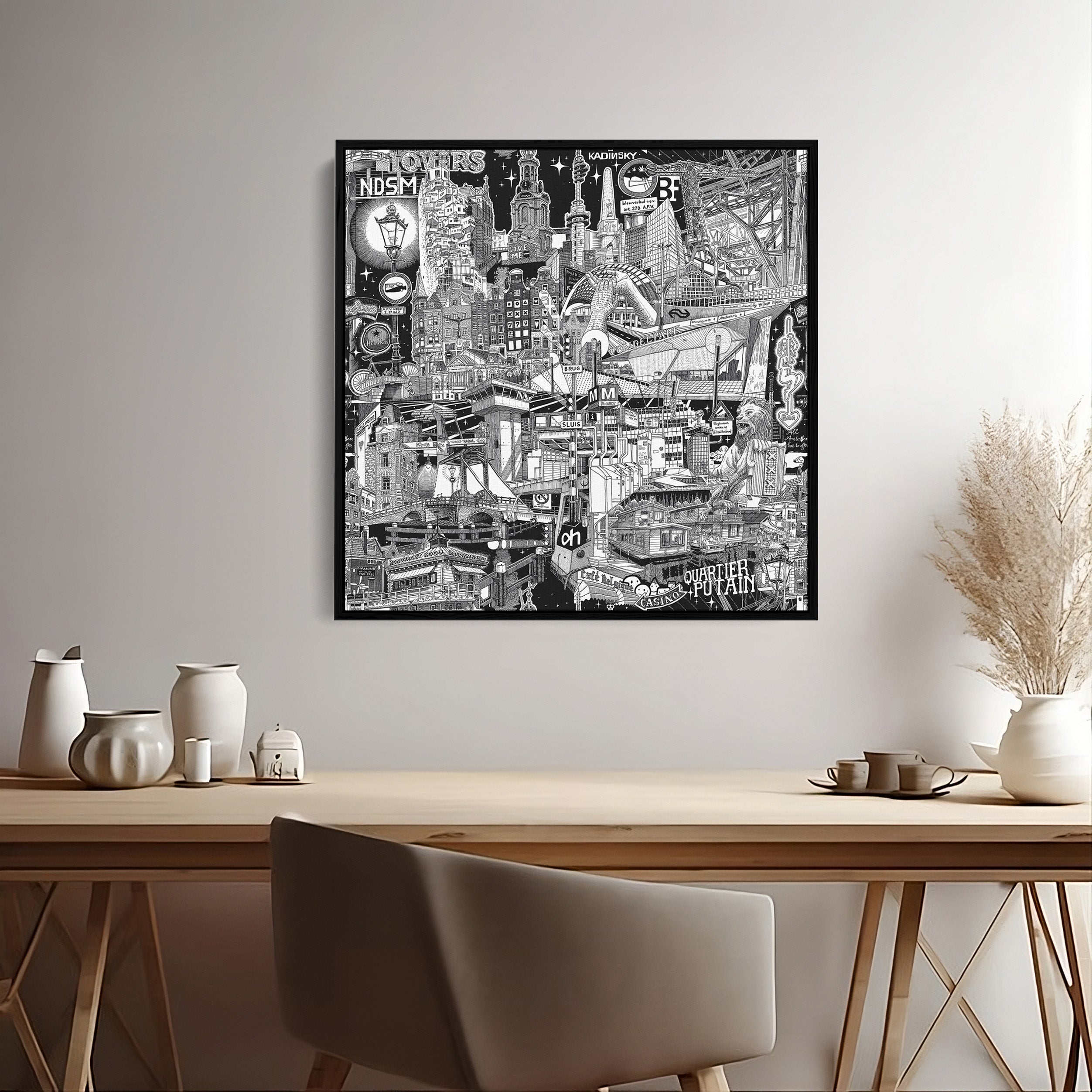 All the details and character of the beautiful city of Amsterdam are captured in this 50x50 cm black-framed canvas, perfectly set in a minimal home interior, inviting you to discover the city through the artist’s perspective