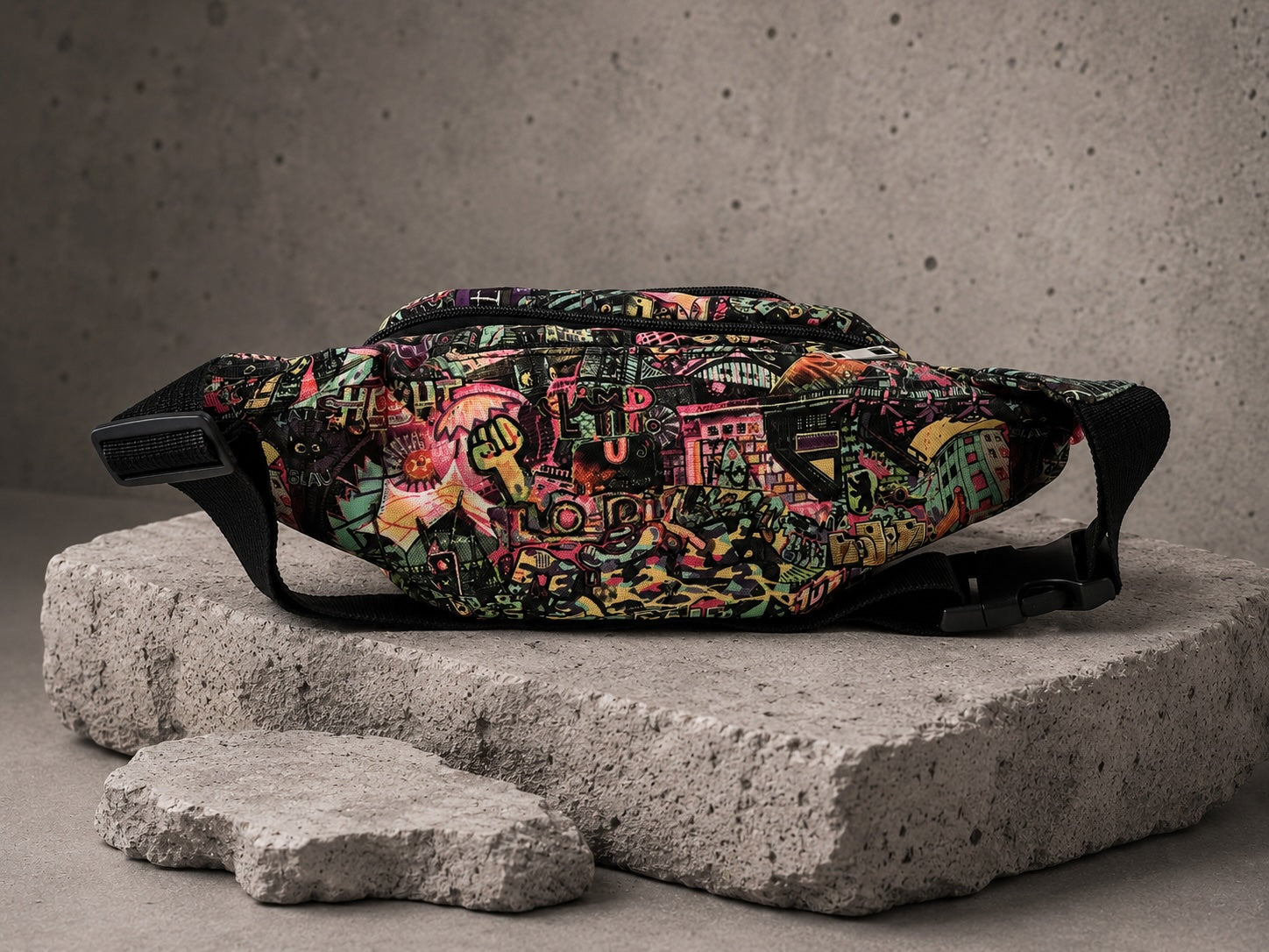 Berlin Bauchtasche Color Edition — Rückansicht mit durchgehendem bunten Stadtmotiv auf Steinuntergrund | Heiner Radau Travel & Draw