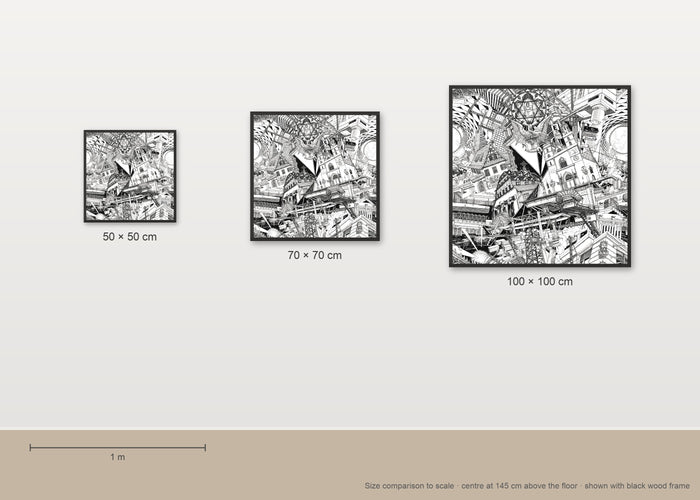 Size comparison of the Basel fine art poster in 50 × 50, 70 × 70 and 100 × 100 cm, to scale on a wall