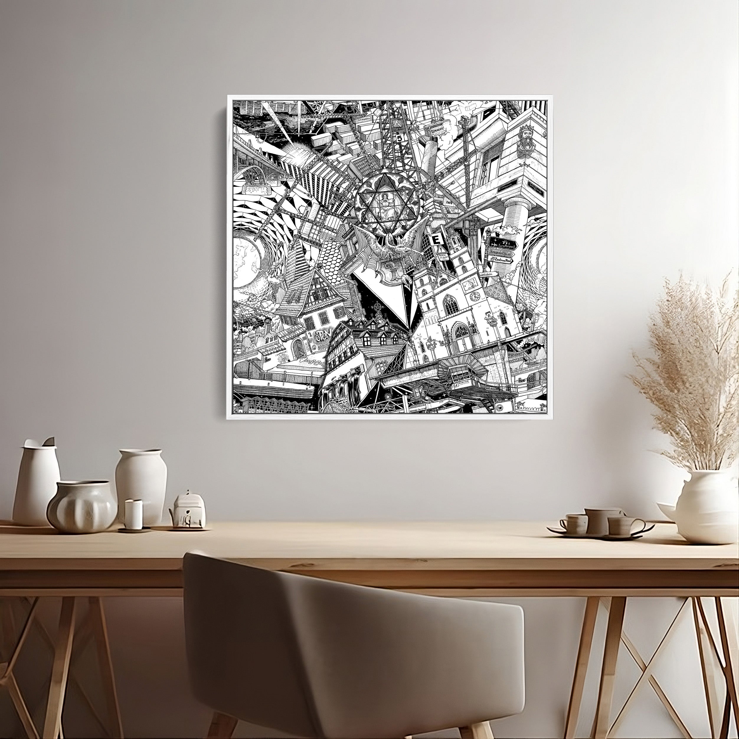 A hand-drawn black-and-white Basel cityscape showcasing the Lällekönig, Minster, and Basel skyline, perfect as a souvenir or city decor.