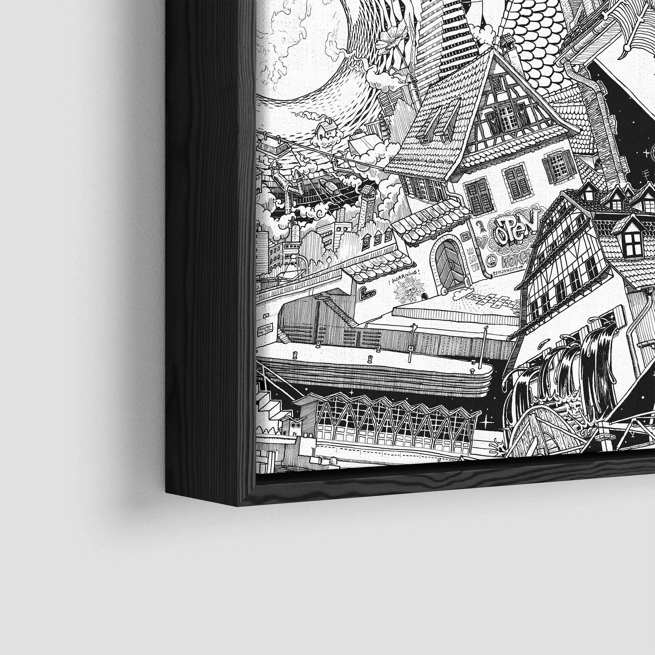Close-up of a black-framed Basel city canvas, showing intricate details like traditional houses, the water mill, the dam, and the event hall.