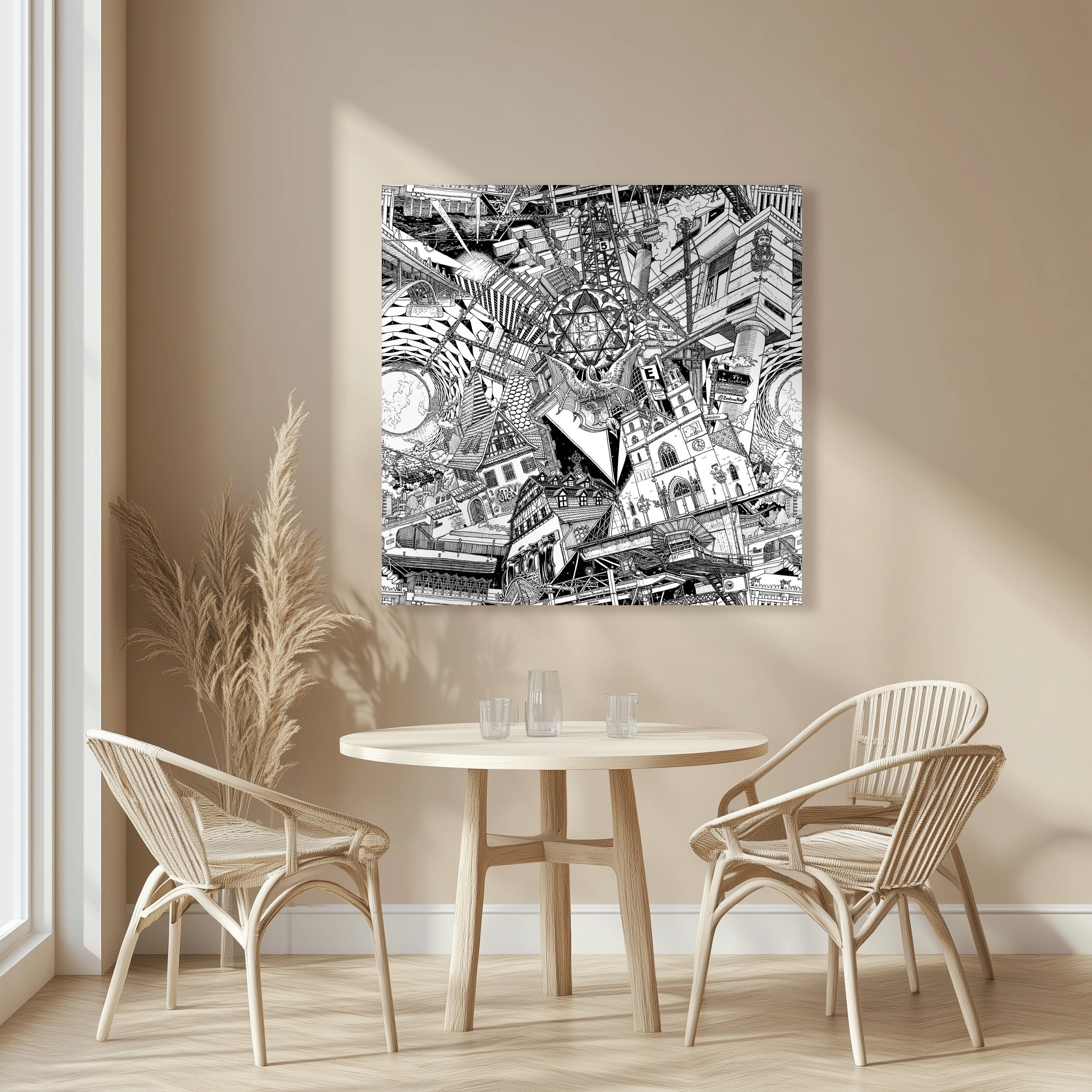 A detailed black-and-white Basel artwork on a large canvas, with highlights like the Basilisk mascot and the Minster.