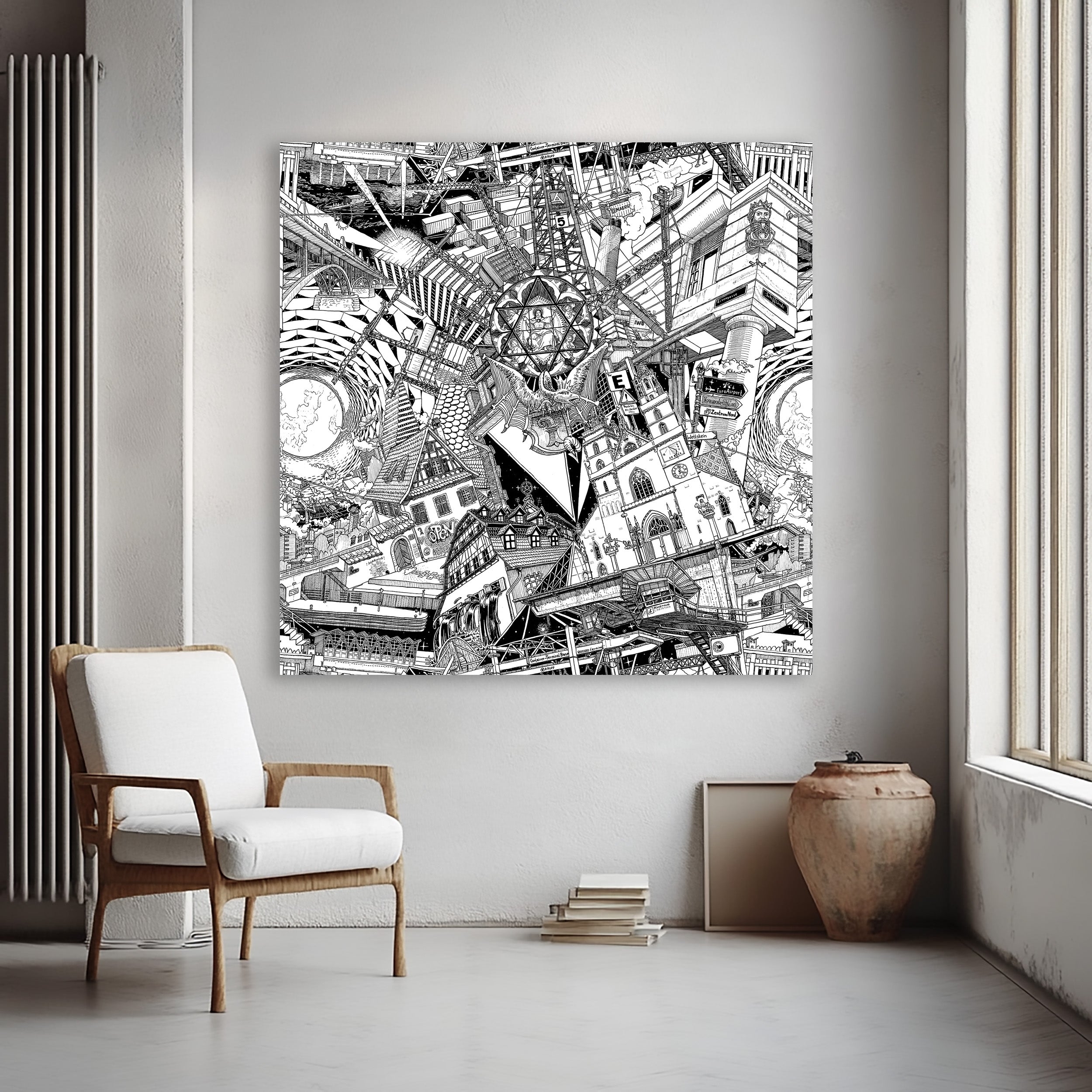 An oversized Basel cityscape in black-and-white, capturing the Minster, traditional houses, and Basel’s vibrant harbour life.