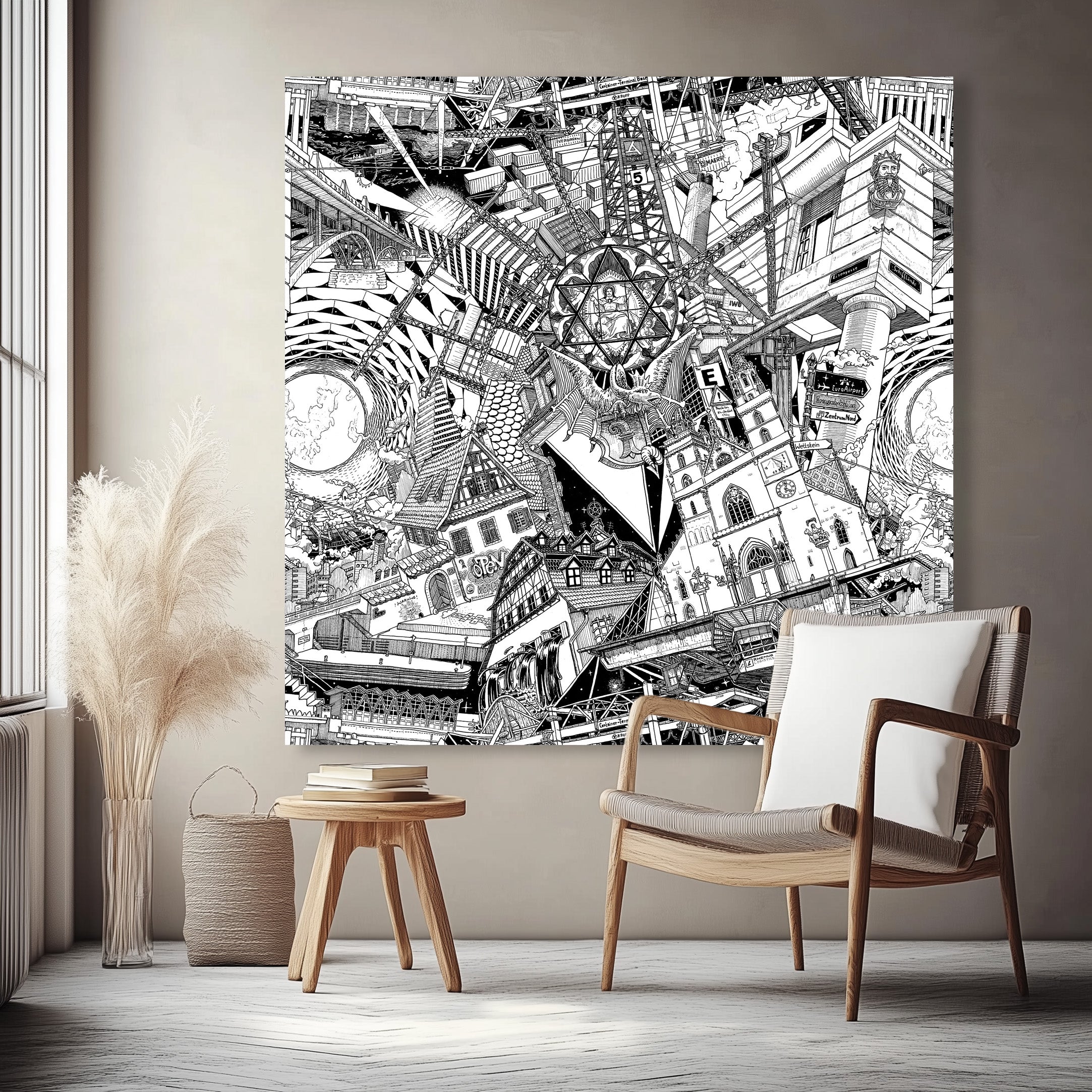 A massive hand-drawn Basel canvas, in black-and-white, filled with rich details like the Basilisk mascot and historic architecture.