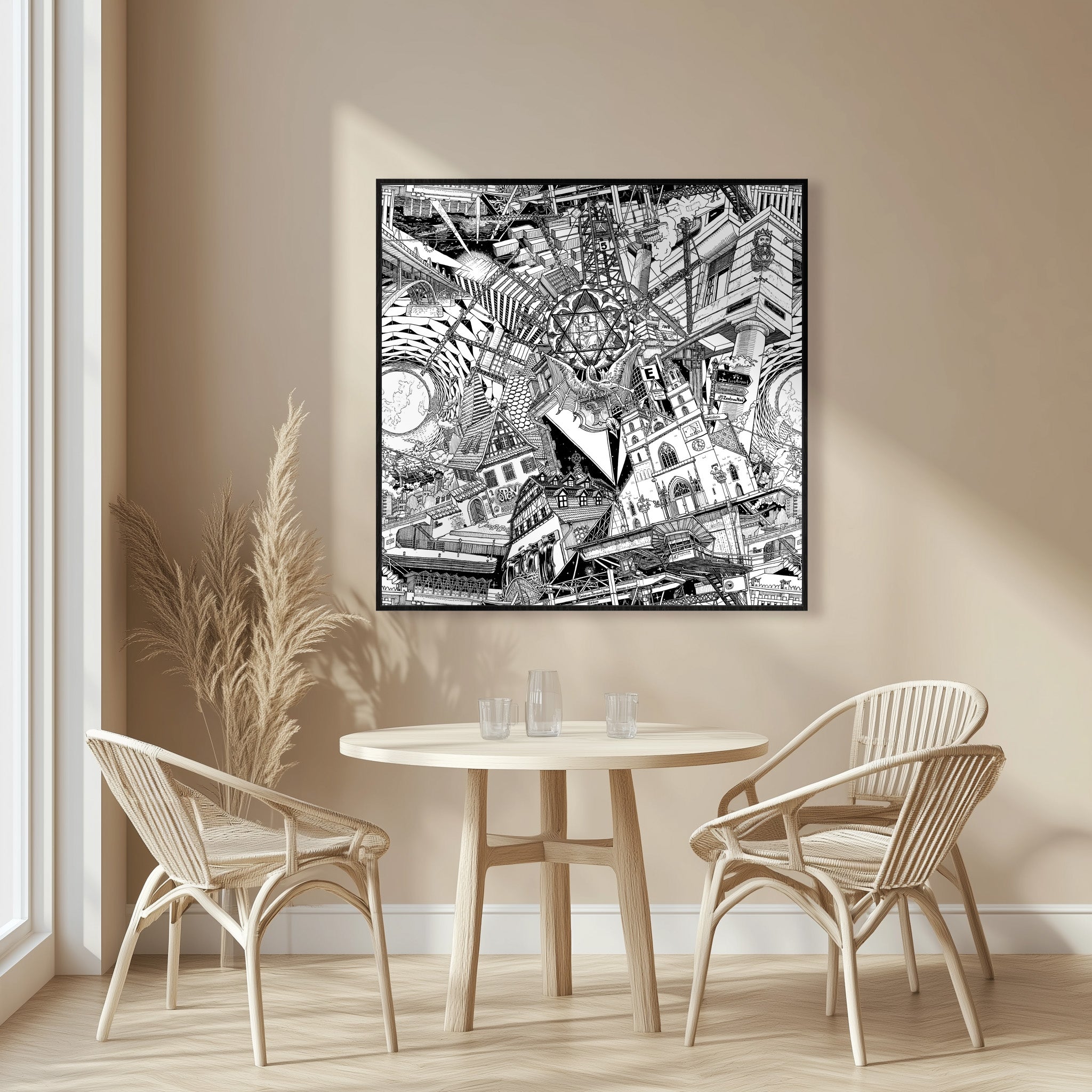 Framed Basel city art in black-and-white, showcasing the city’s culture with elements like the harbour and traditional architecture.