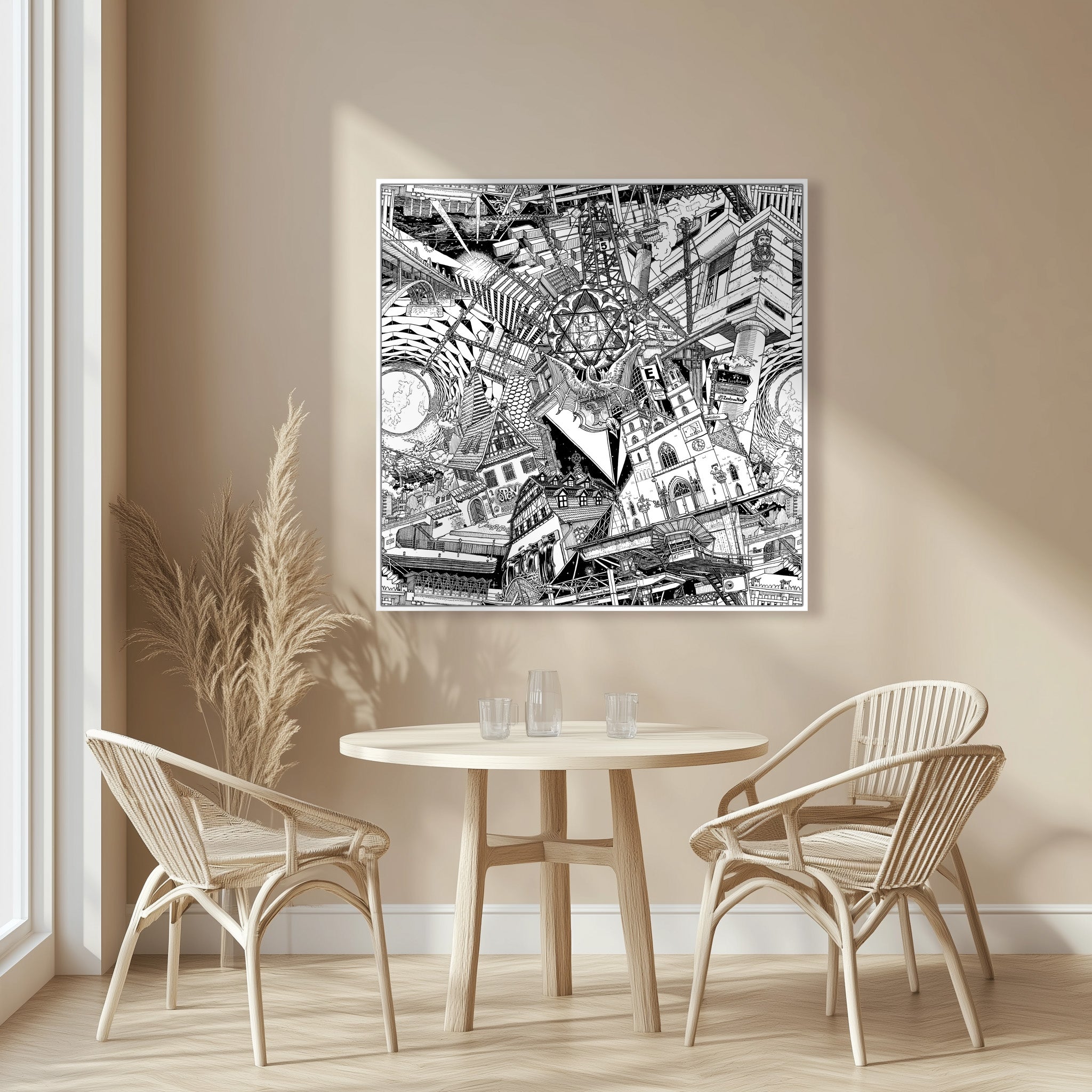 A stylish black-and-white Basel canvas, framed in white, highlighting landmarks like the Lällekönig and the city’s event hall.