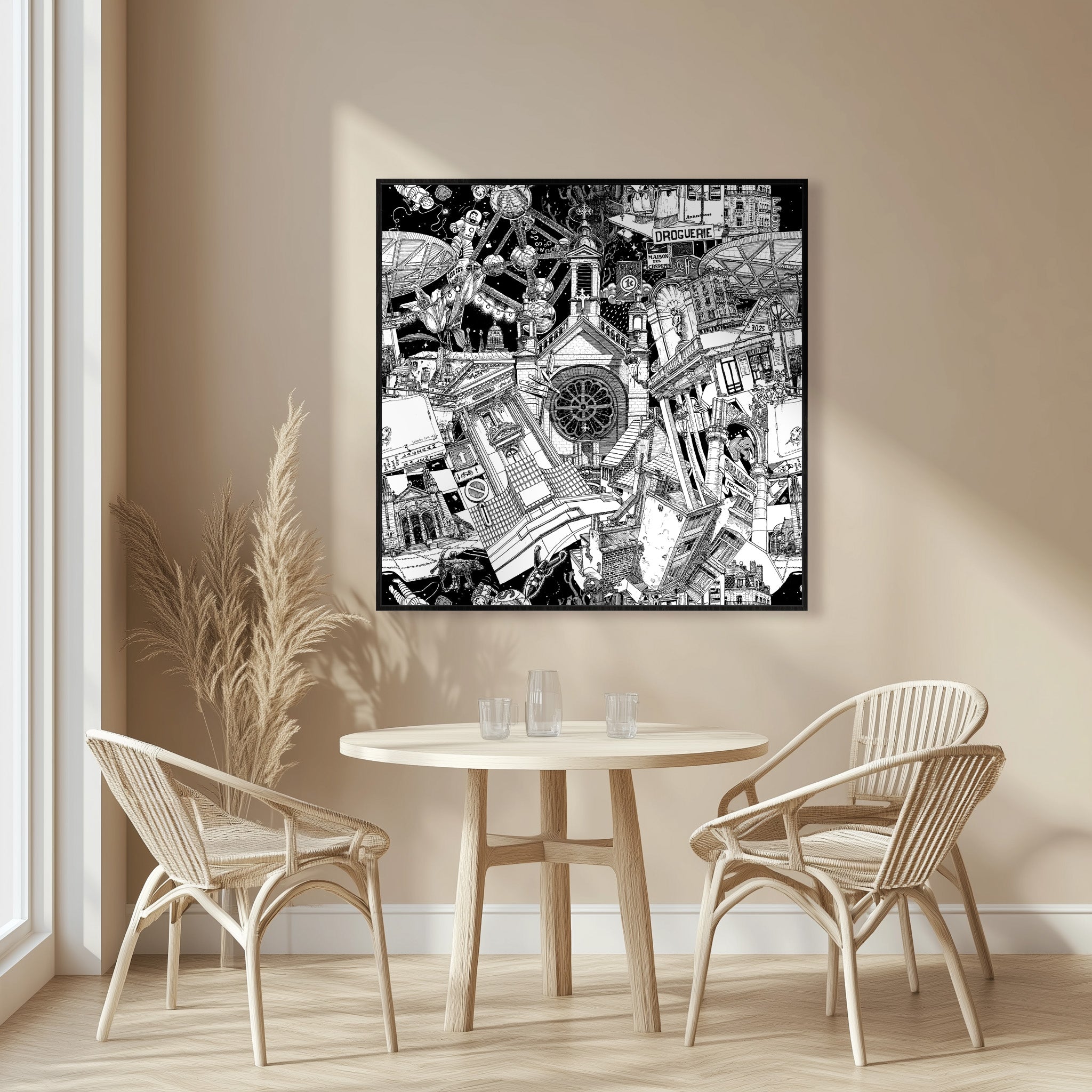 L’illustration de Bruxelles, avec Tintin, Milou et l’Atomium, en grand format avec un cadre noir, crée un point focal moderne et artistique dans n’importe quel espace.
