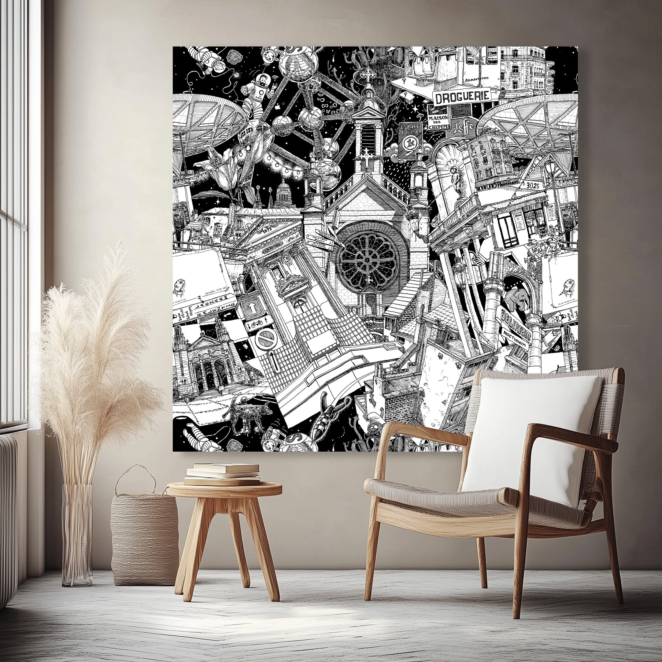 Black-and-white canvas print showcasing Brussels’ iconic architecture and city monuments, displayed in a stylish and modern interior design