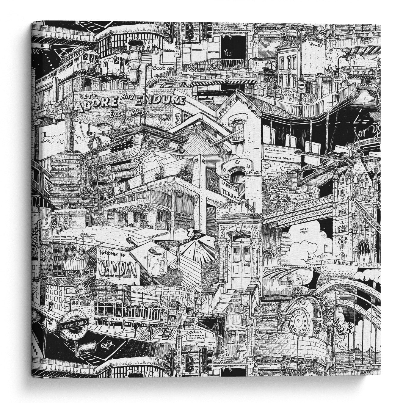Hand-drawn black-and-white London canvas capturing iconic landmarks like the Barbican Centre and Camden, perfect for street art and cityscape enthusiasts.