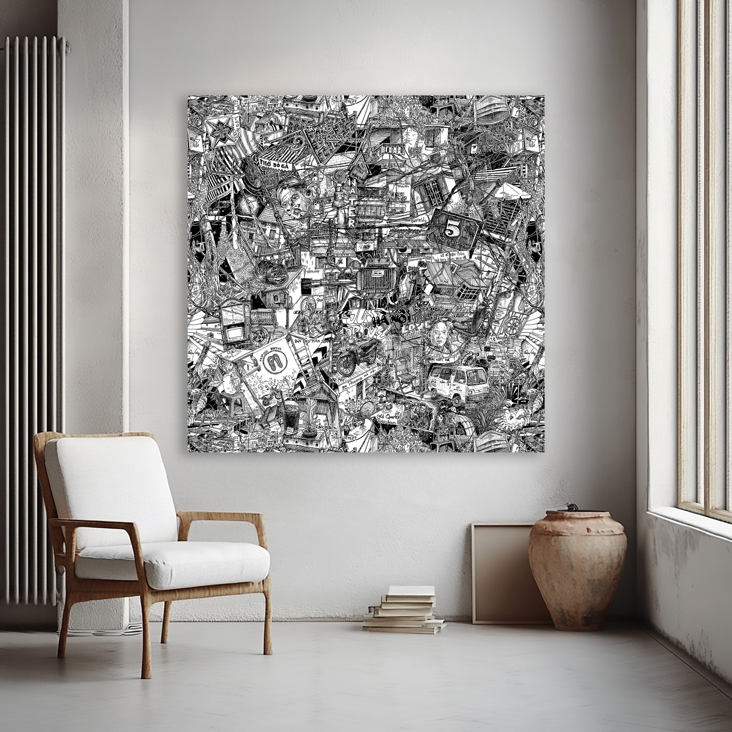 Oversized black-and-white Hanoi cityscape, blending motorbikes, cables, Tai Ho, and iconic street food in an intricate urban fine art style.