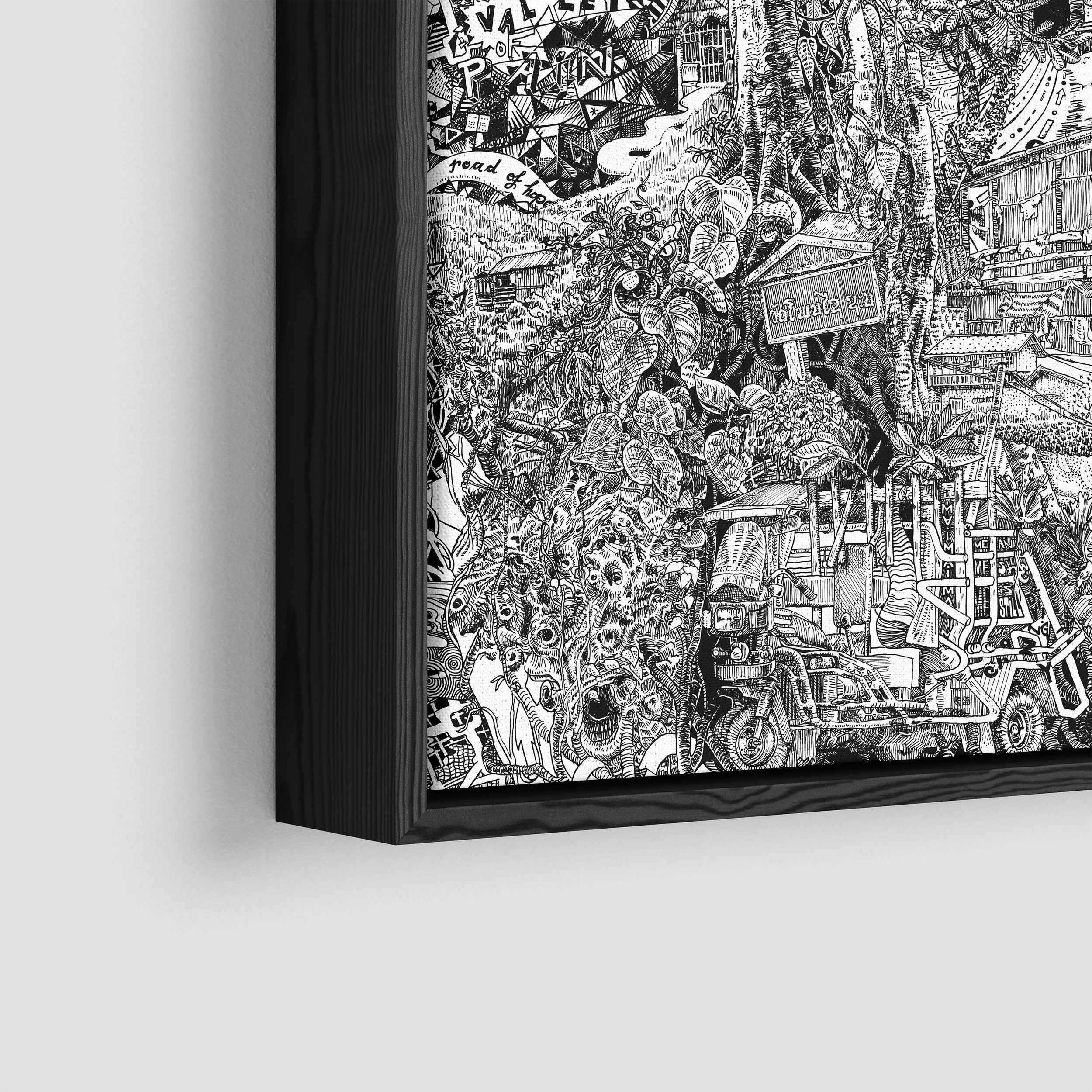 Close-up of Luang Prabang canvas in a black frame, showcasing detailed Laotian jungle plants, praying mantis, and traditional huts.