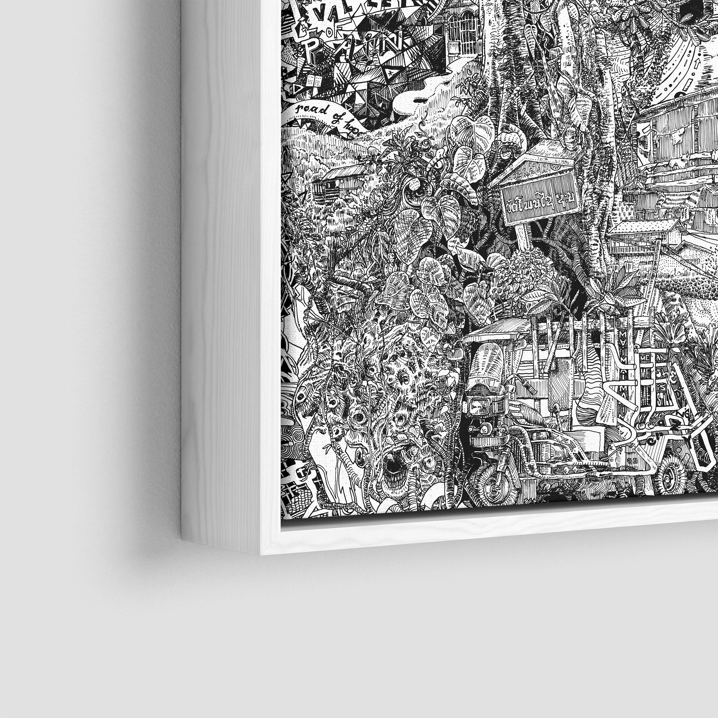 Close-up of Luang Prabang canvas in a white frame, featuring intricate jungle plants, temples, tuk-tuks, and Laotian urban street art.