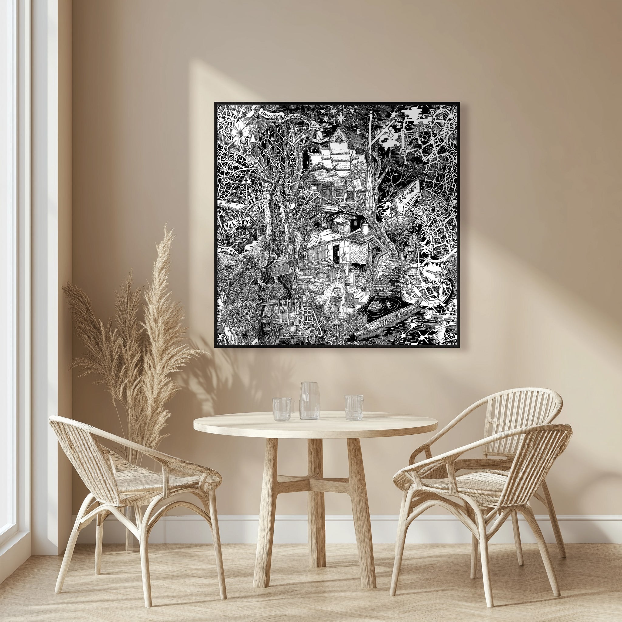 Detailed black-framed black-and-white canvas of Luang Prabang, featuring jungle plants, three-wheeled tuk-tuks, and urban fine art.